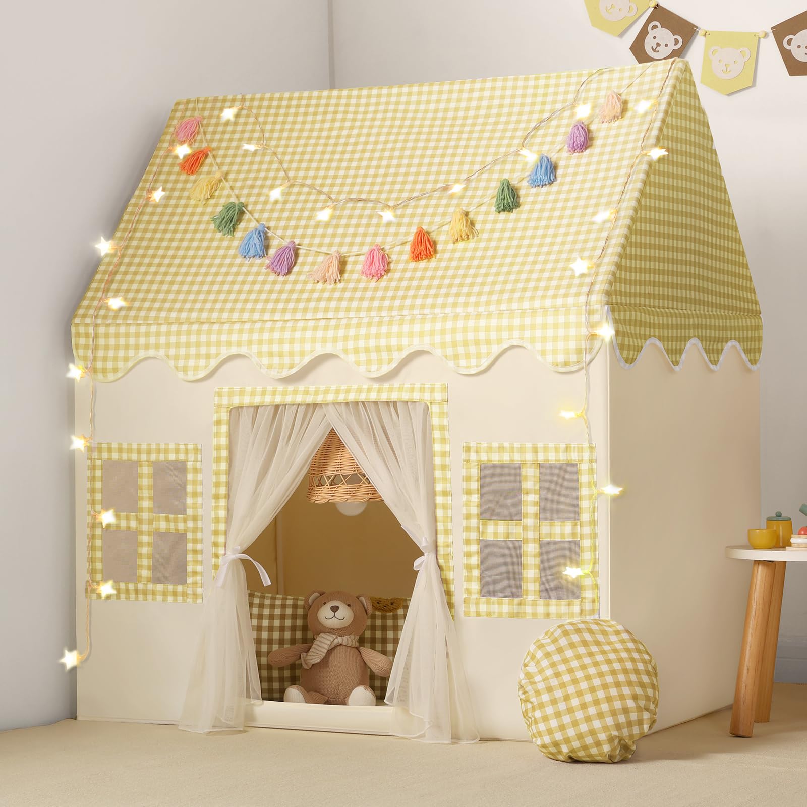 Kids Play Tent Indoor: with Mat, Tassel Garland, Star Lights - Girl Tent Indoor Playhouse for Kids Toys for Boy Girl Birthday Gift