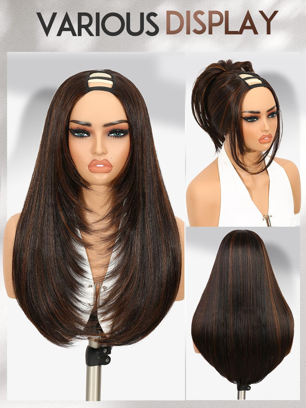 Yaki Straight Layered U Part Wigs V Part Glueless Clip in Half Wigs for Women Realistic Natural Looking Heat Resistant Synthetic Hair(24inch,Natural Black)