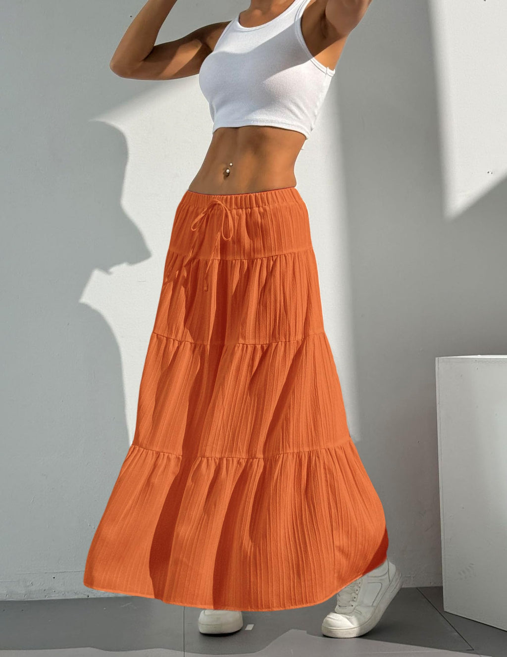 Women's Boho Flowy White Maxi Skirt Flared Ruffle Elastic Waist Summer A Line 2026 Spring Long Skirts