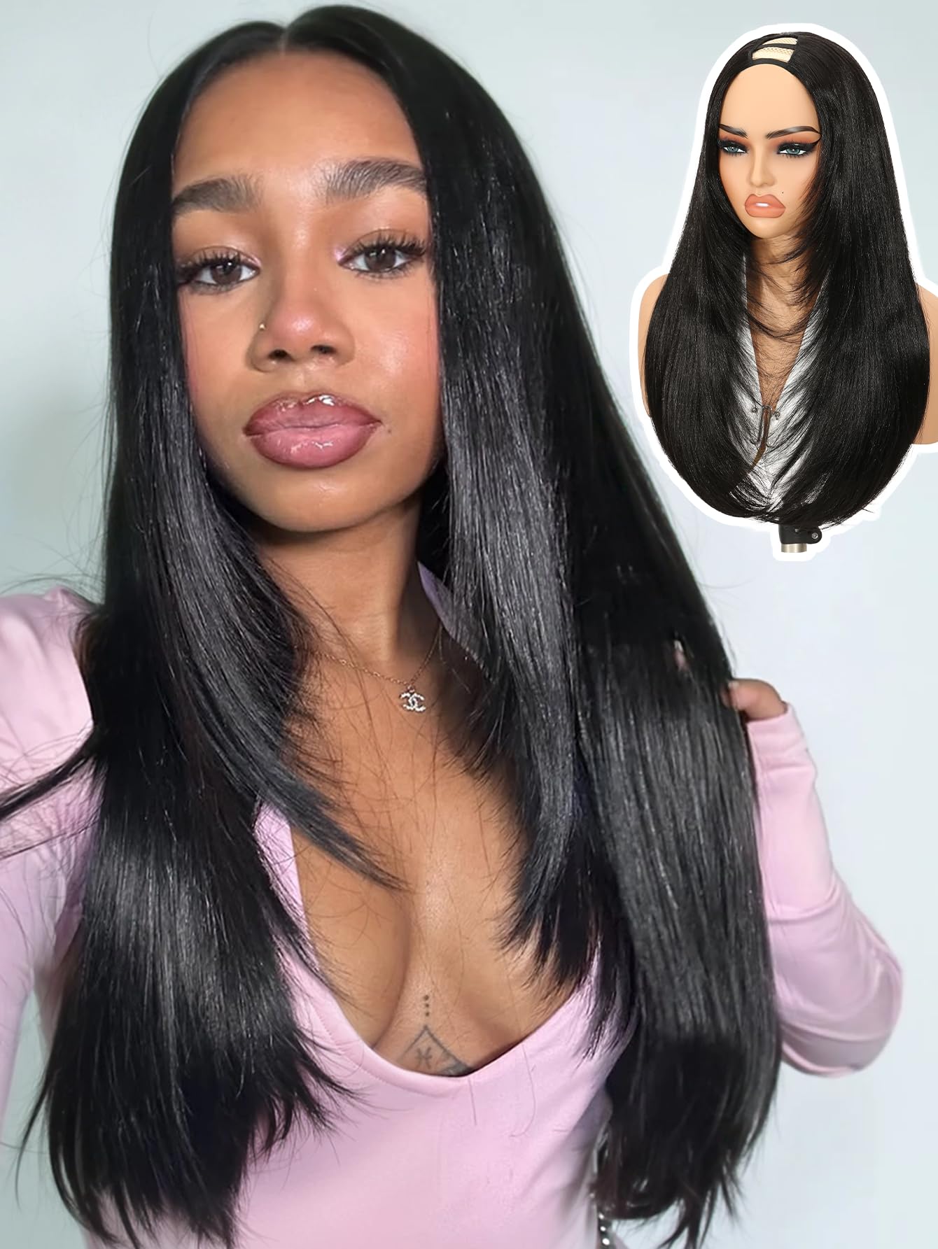 Yaki Straight Layered U Part Wigs V Part Glueless Clip in Half Wigs for Women Realistic Natural Looking Heat Resistant Synthetic Hair(24inch,Natural Black)