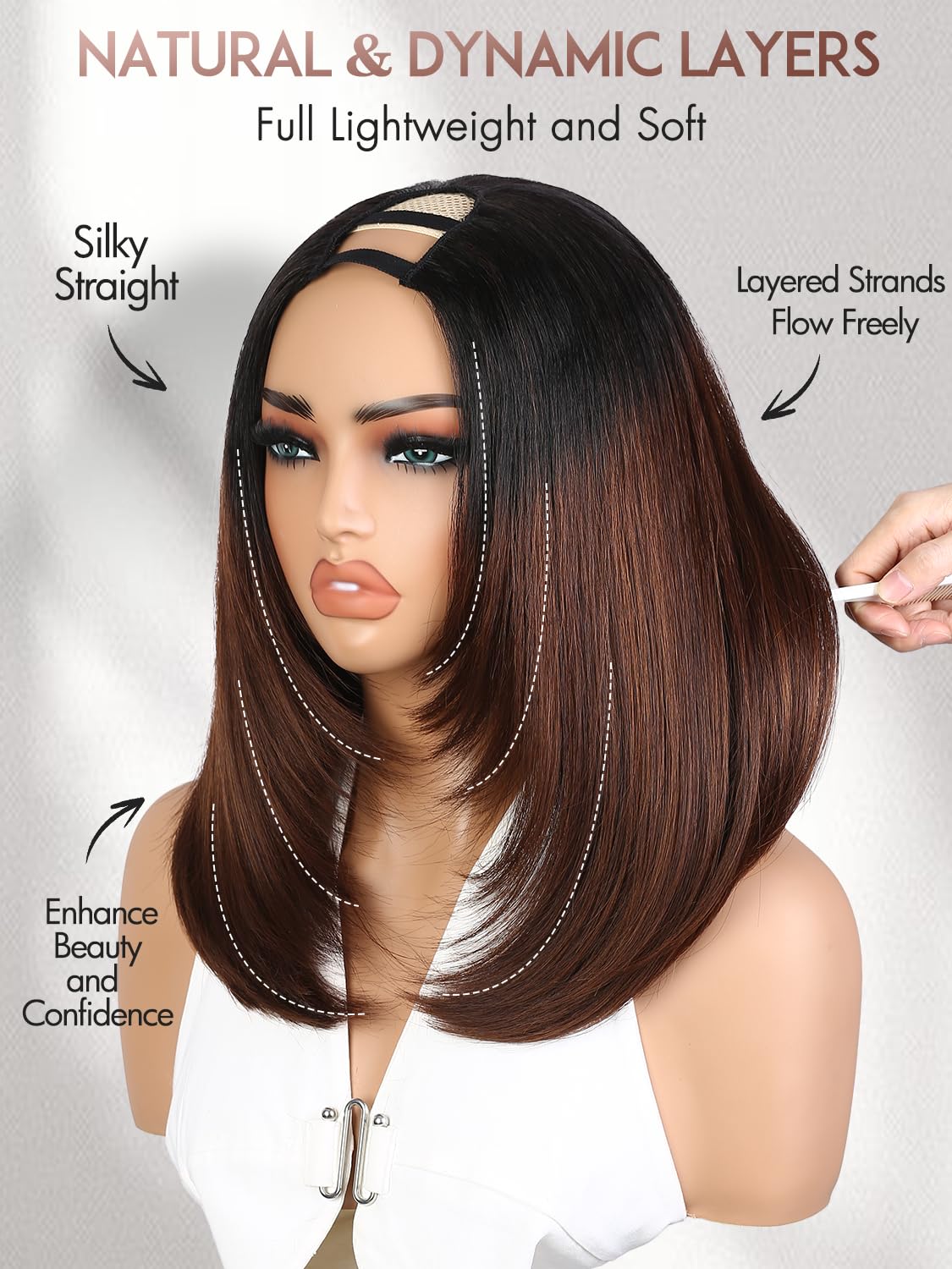 Yaki Straight Layered U Part Wigs V Part Glueless Clip in Half Wigs for Women Realistic Natural Looking Heat Resistant Synthetic Hair(24inch,Natural Black)