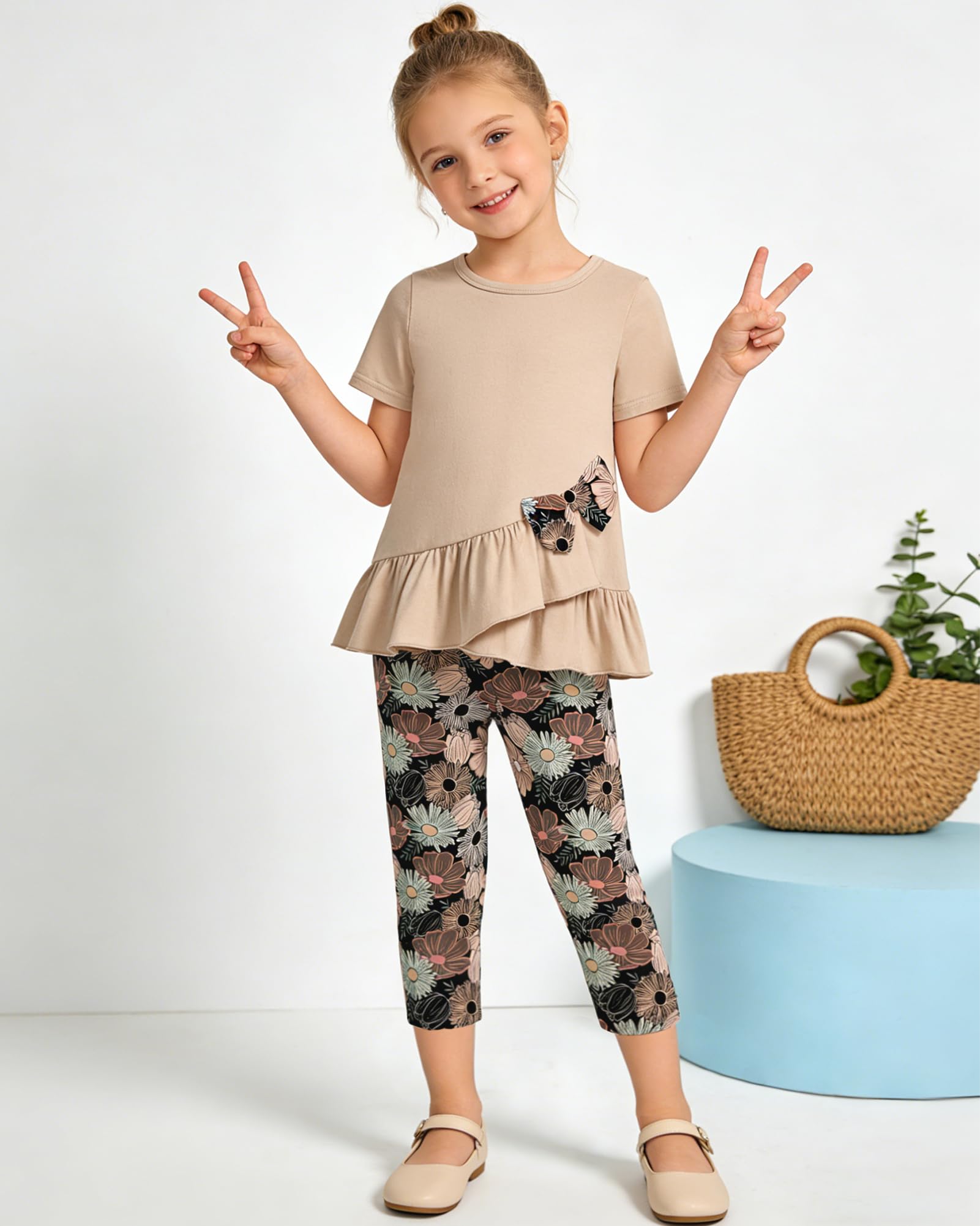 Toddler Girl Clothes 2-8Years Girls Outfit, Short Sleeve Ruffle Bowknot Top+Floral Capri Pants 2Pcs Spring Summer Set