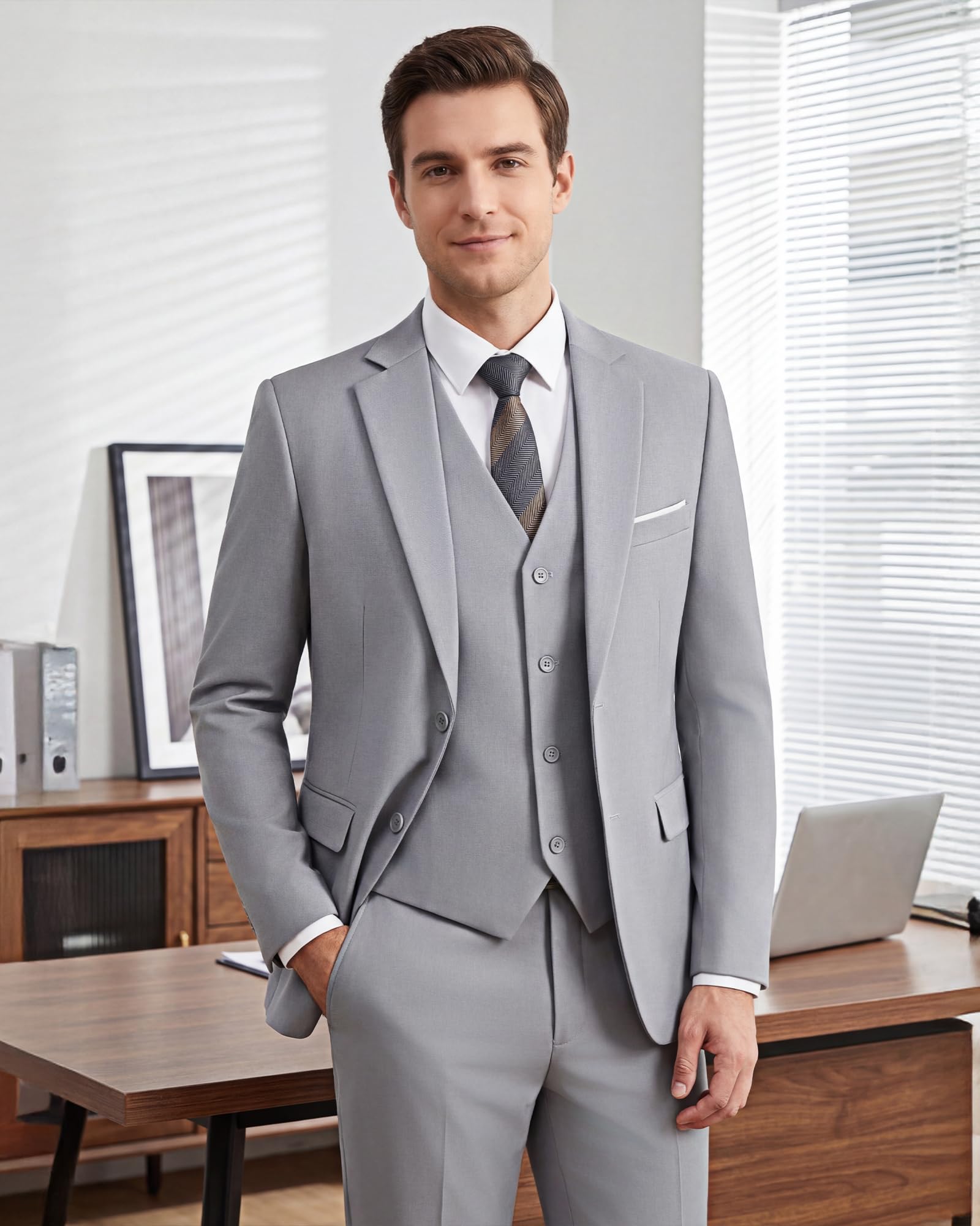 Men's Slim Fit 3 Piece Suits Two Button Blazer Vest & Pants Tuxedo Set for Business Wedding Party
