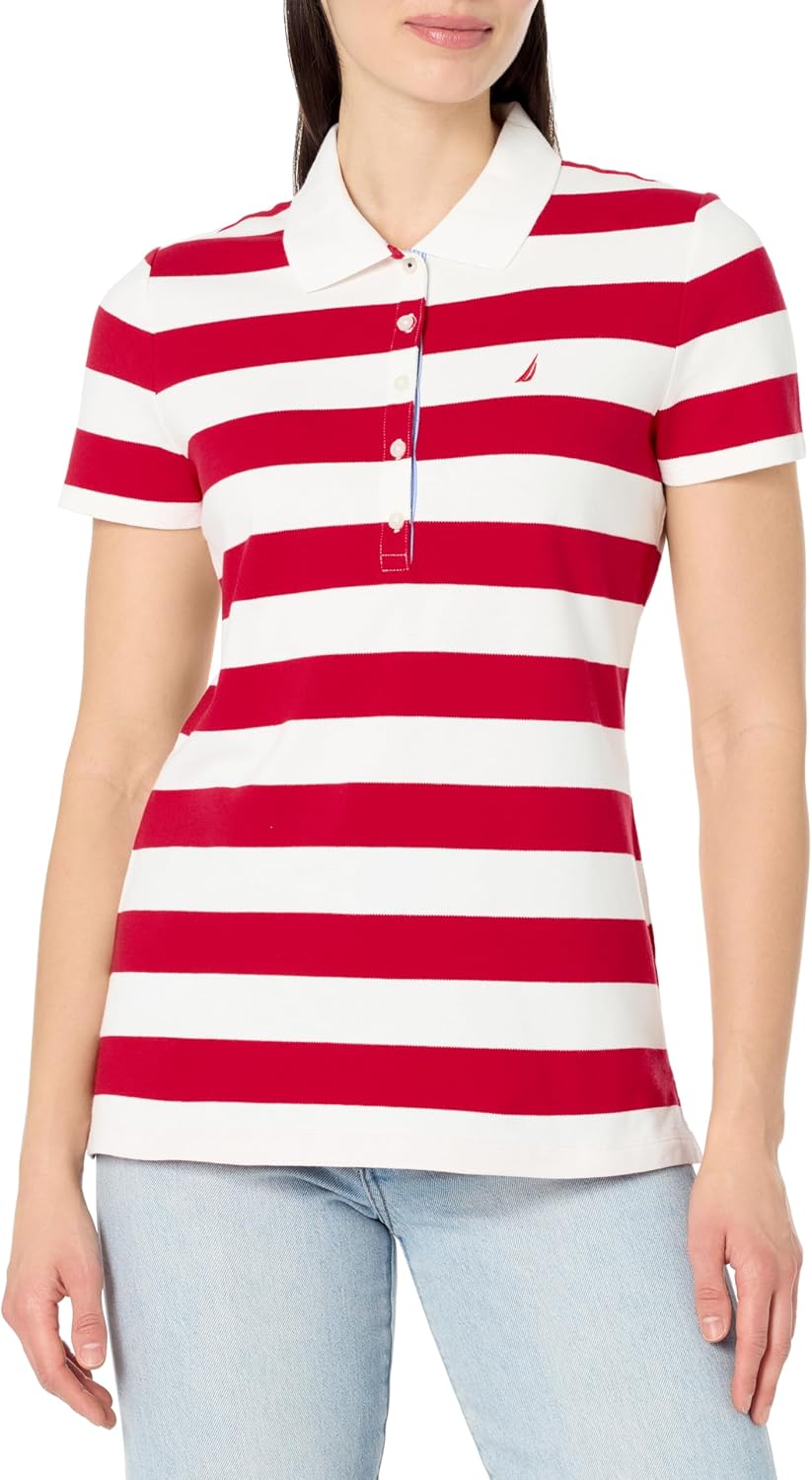 Nautica Women's 5-Button Short Sleeve Breathable 100% Cotton Polo Shirt