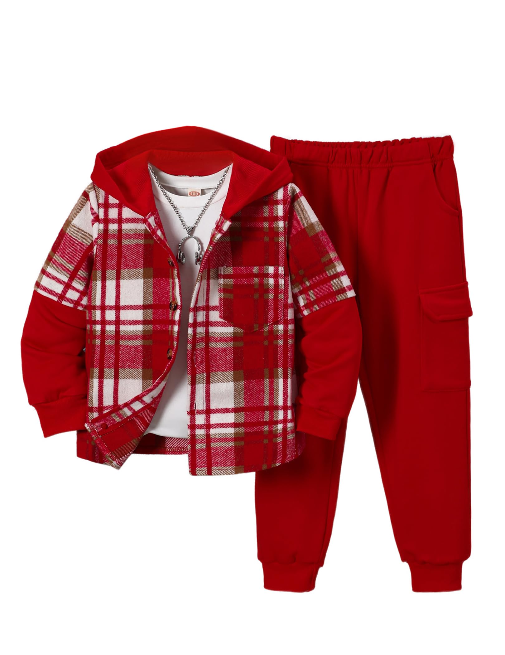 2Pcs Kids Boys Flannel Plaid Shirt Tops Pants Set Hoodie Sweatsuit for Fall Winter Spring Outfits 4-12 Years