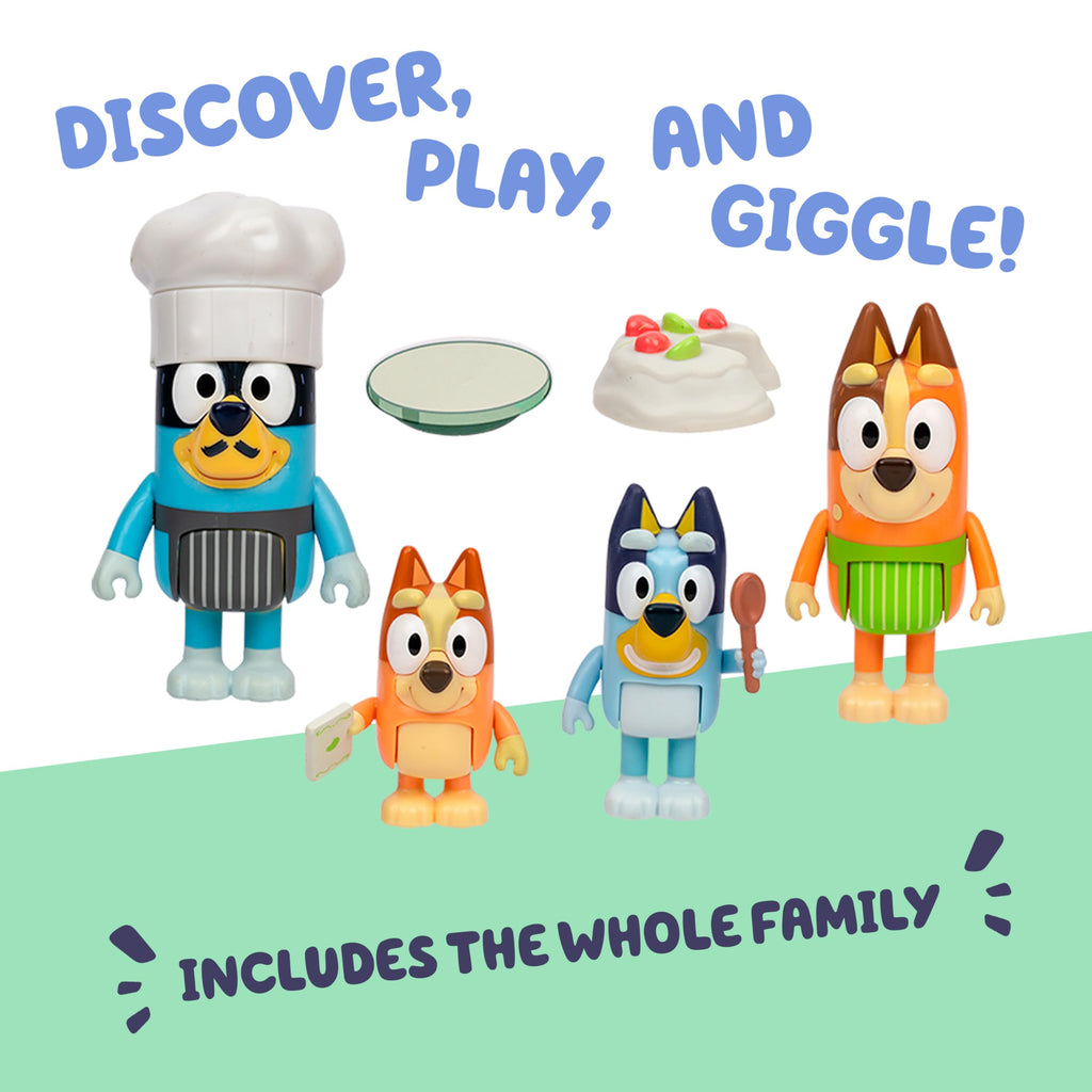 Bluey Family Figure Pack of 4, Robust Poseable Character Toys with Bingo, Chilli, and Bandit Figures, Toddler-Sized Animal Figurines for Kids Ages 3+
