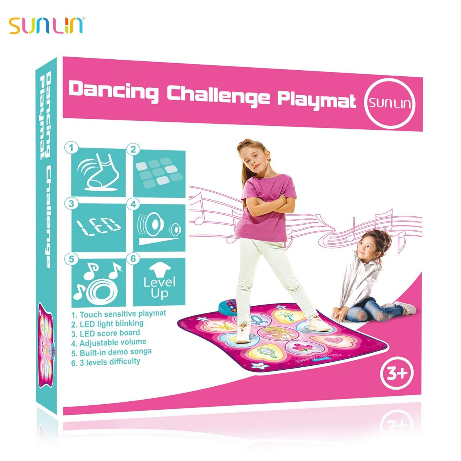 SUNLIN Dance Mat - Rhythm Step Play Mat - Dance Game Toy Pad with LED Lights, Gift for Kids Girls 3-12, Adjustable Volume, Built-in Music, 3 Challenge Levels