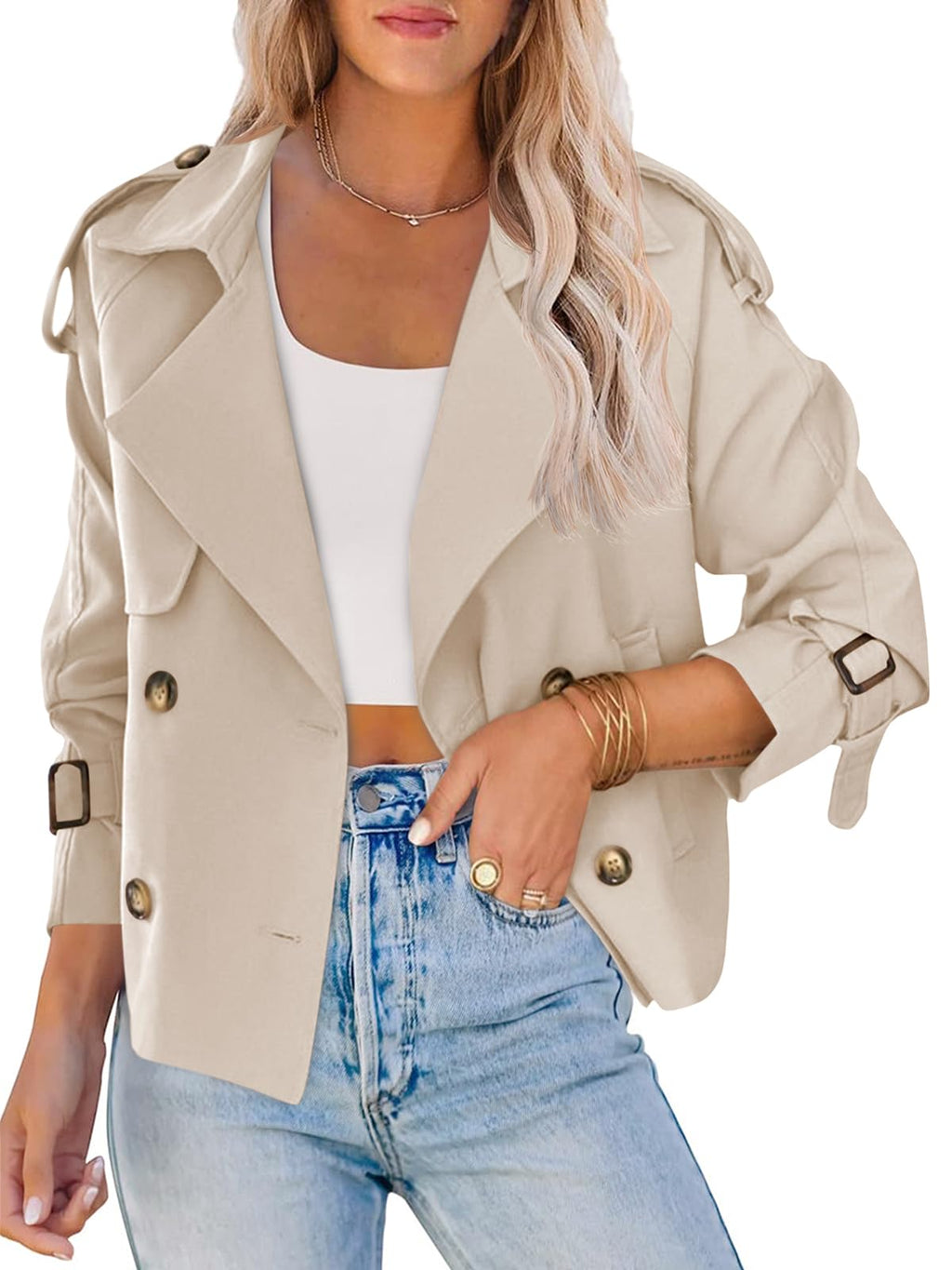 Women Crop Double Breasted Trench Coat Raglan Sleeve Work Office Cropped Jacket With Pockets