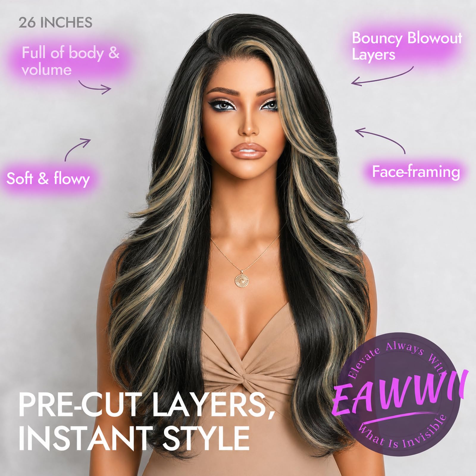 13x4 HD Lace Front Glueless Wigs for Women Black Long Layered Wave Wig Natural Hairline Heat Resistant Synthetic for Daily Use Beginner Friendly 26 Inch