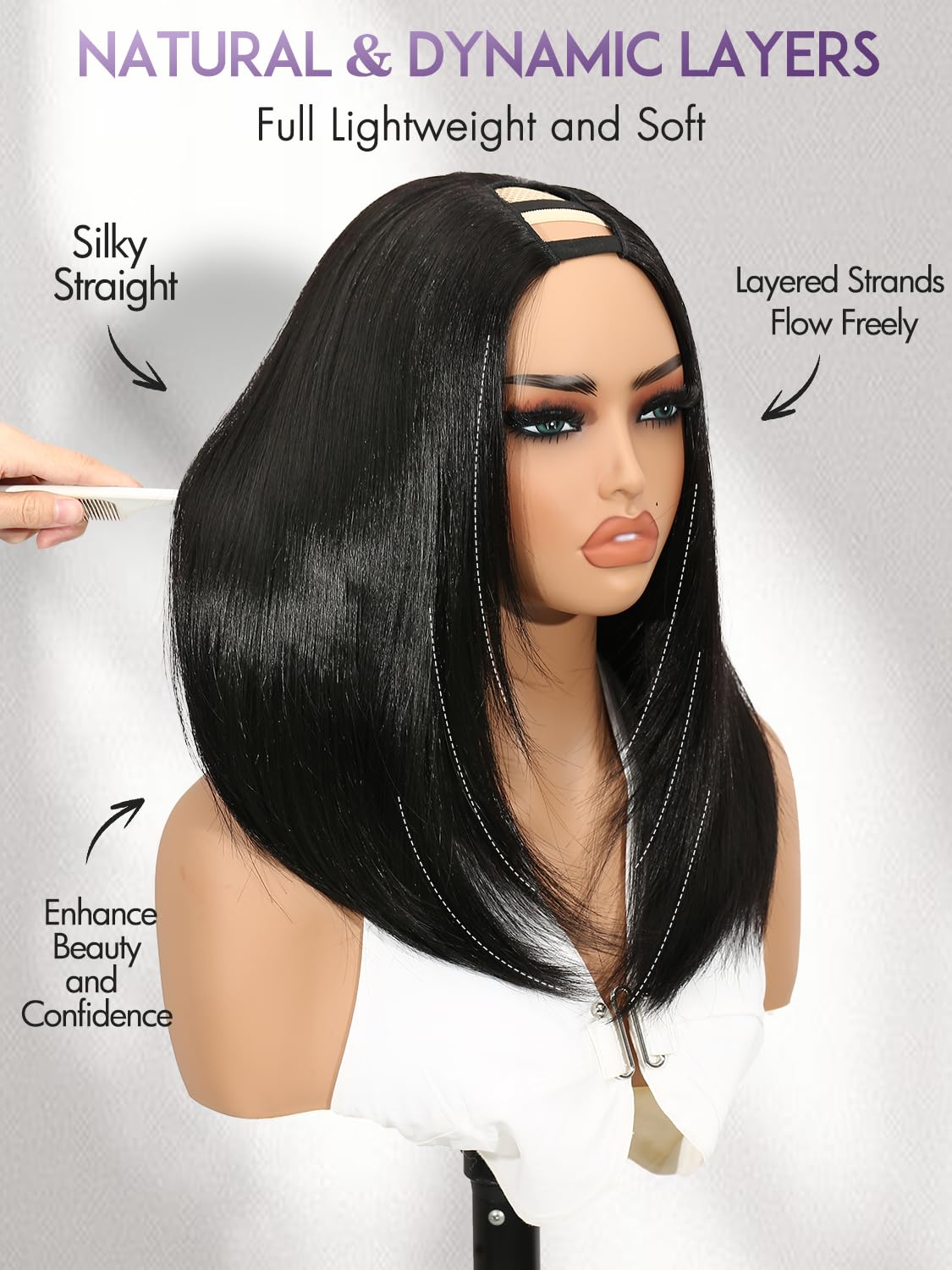 Yaki Straight Layered U Part Wigs V Part Glueless Clip in Half Wigs for Women Realistic Natural Looking Heat Resistant Synthetic Hair(24inch,Natural Black)