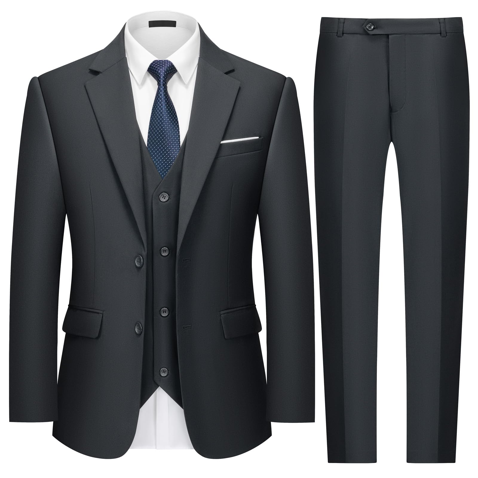 Mens Two Button 3-Piece Suits Slim Fit Tuxedo Set with Blazer Jacket Vest & Pants for Wedding Prom Business