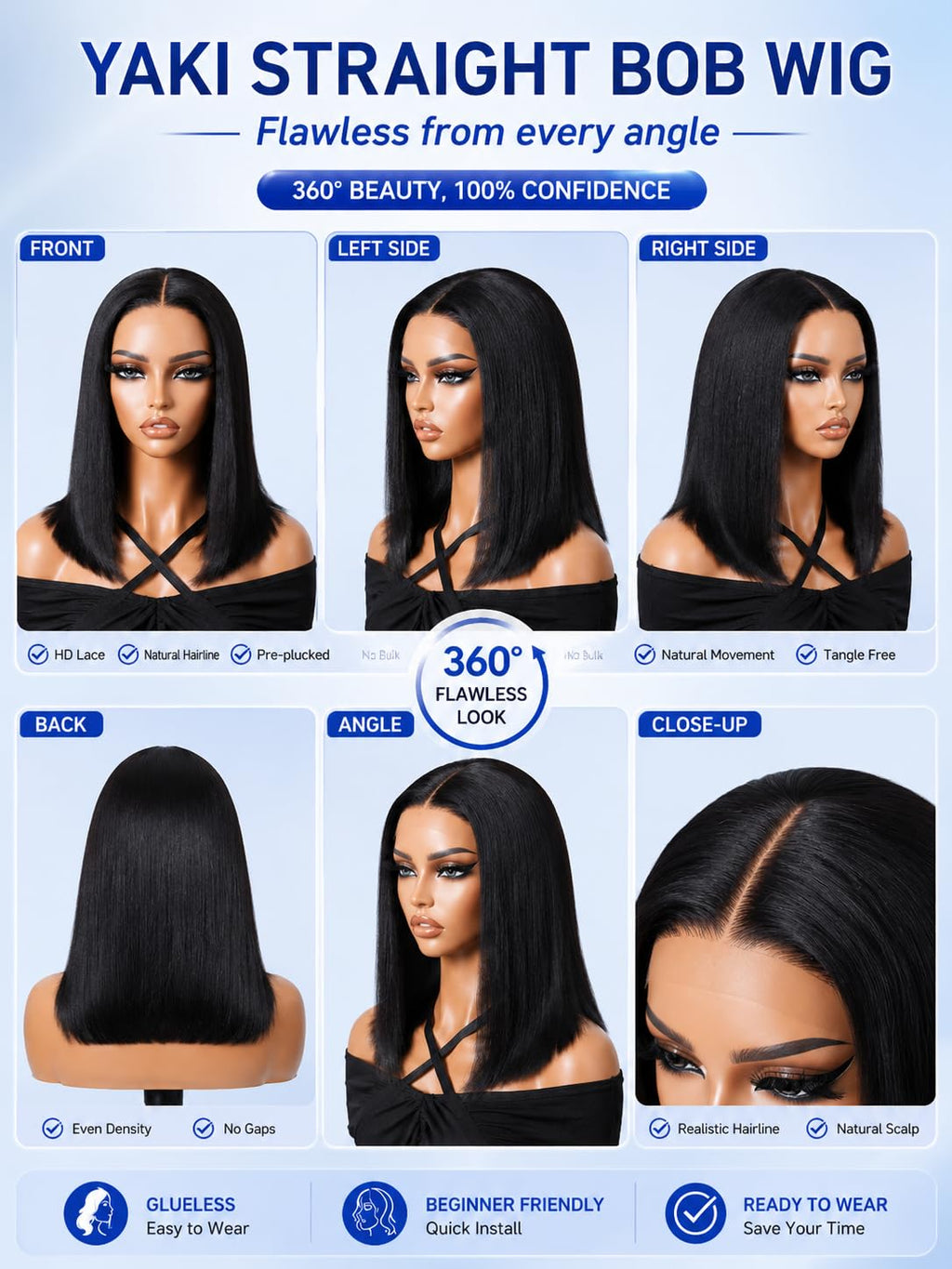 No Slip Yaki Straight Bob Drawstring Wig Human Hair with Flexible Mesh Cap,Glueless Upgrade 7x5 Bye Bye Knots Wig Pre Cut/Plucked/Bleached Ready to Go Short Yaki Bob Wig 180% Density 10inch