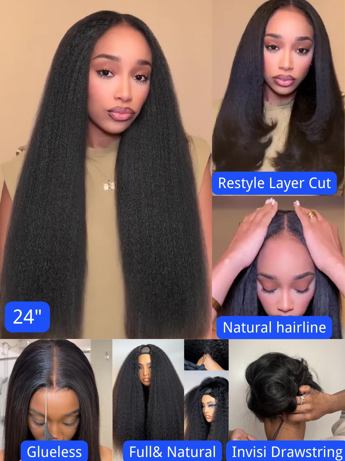 V Part Wigs Kinky Straight Human Hair with Drawstring,Glueless Easicontour V-Part Clip in Upgraded U Part Kinky Wig for Women No Leave Out Ready to Wear Beginner Friendly 150% Density 20inch