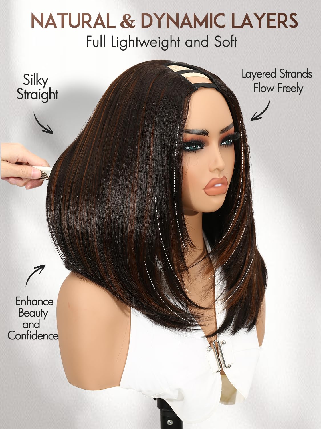 Yaki Straight Layered U Part Wigs V Part Glueless Clip in Half Wigs for Women Realistic Natural Looking Heat Resistant Synthetic Hair(24inch,Natural Black)