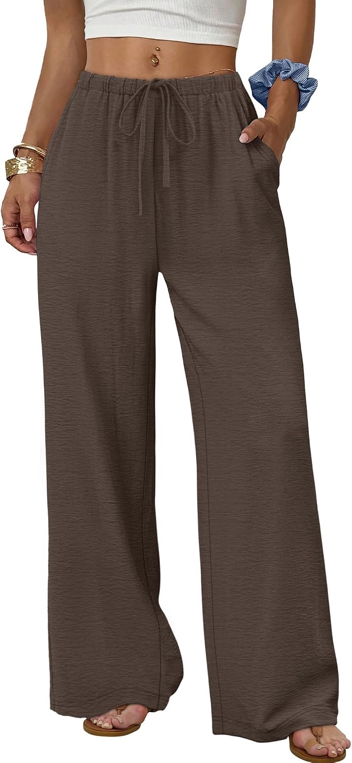 Wide Leg Pants for Women Flowy Palazzo Drawstring Elastic Waist Trousers with Pockets Summer Beach Vacation Clothes