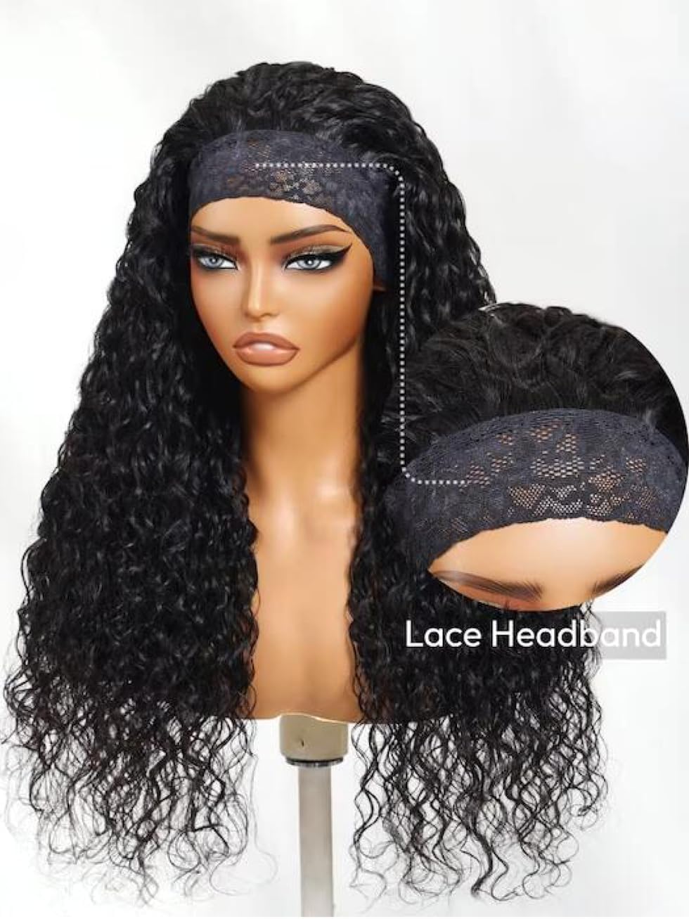 Water Wave Headband Wig Human Hair with Drawstring No-Slip Glueless Headband Half Human Hair Wig 150% Density Natural Black 26 inch