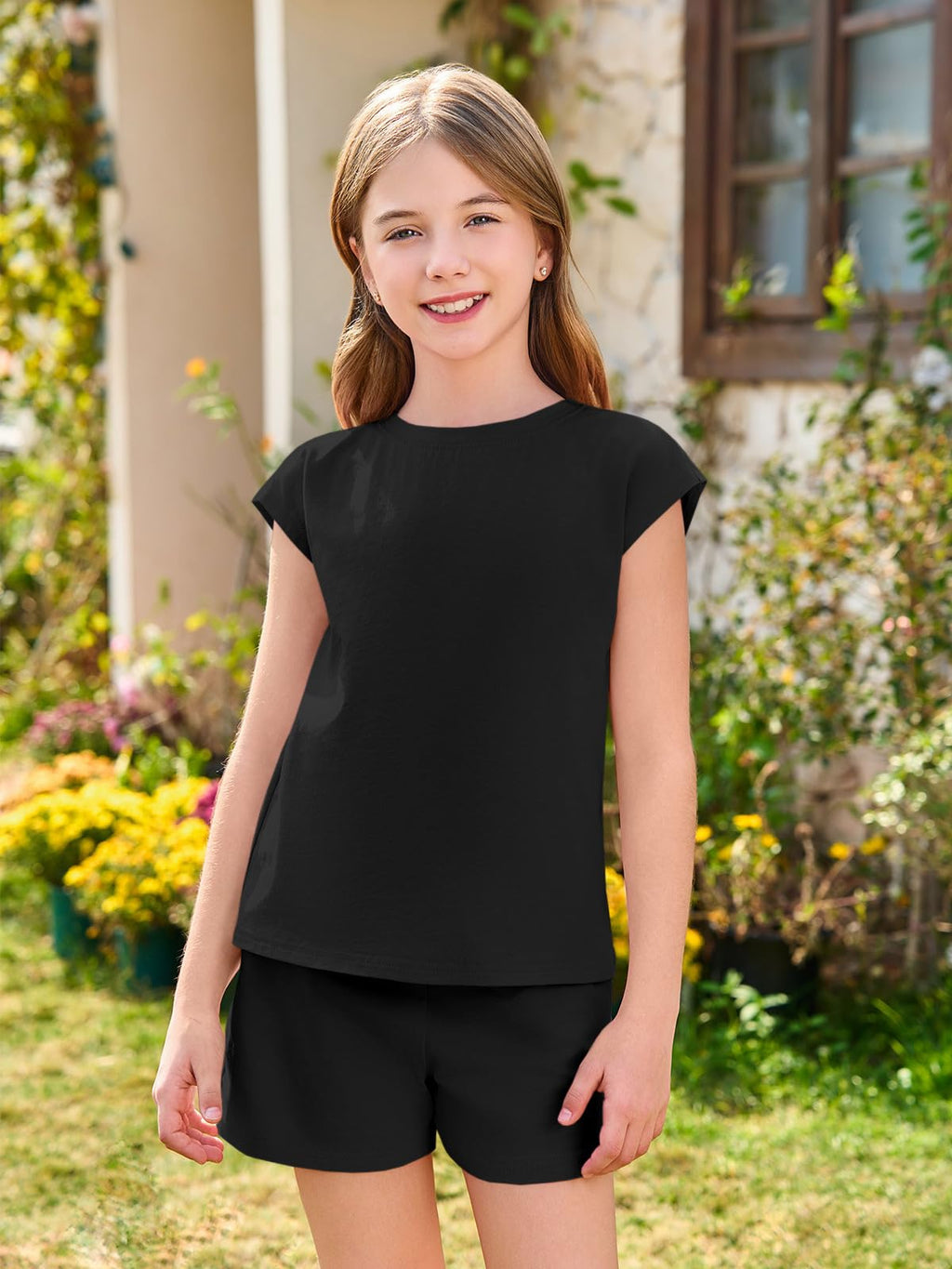 Haloumoning Girls Summer Outfits Casual Lounge Set Cap Sleeve T Shirt and Elastic Waist Shorts 2 Piece Clothing Sets