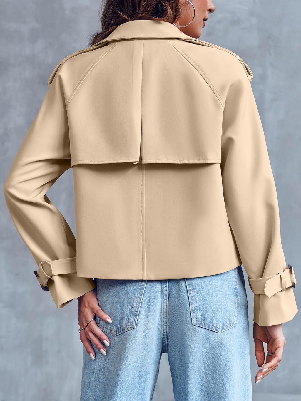 Women Crop Double Breasted Trench Coat Raglan Sleeve Work Office Cropped Jacket With Pockets