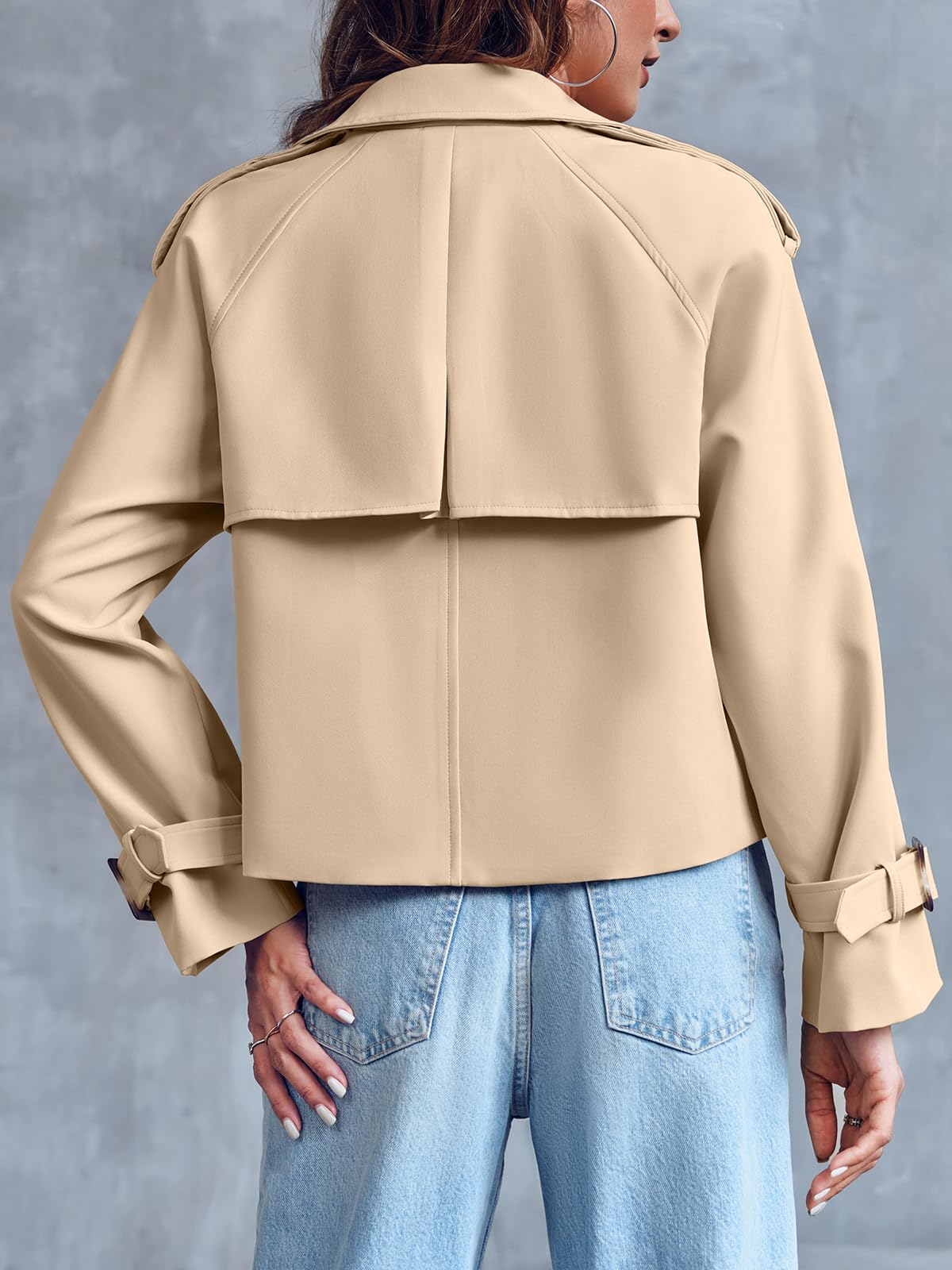 Women Crop Double Breasted Trench Coat Raglan Sleeve Work Office Cropped Jacket With Pockets