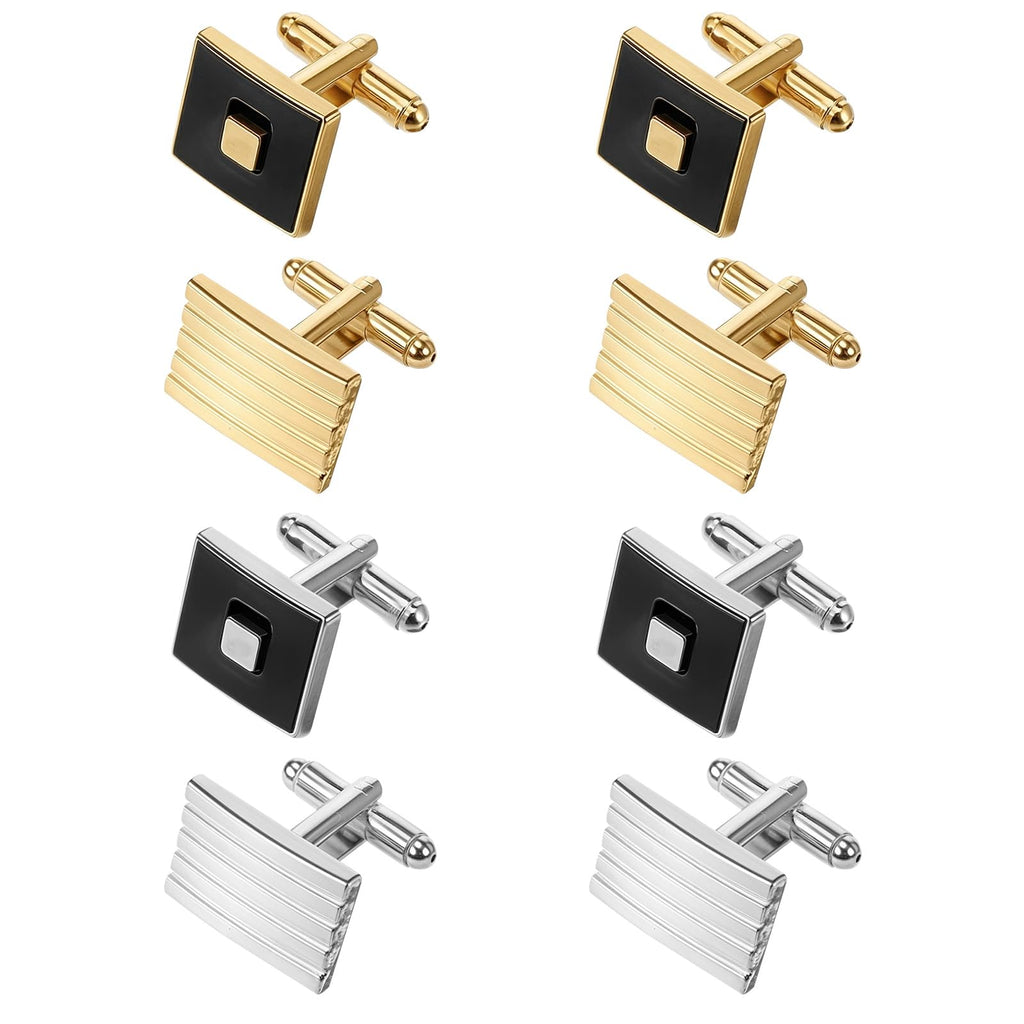4 Pairs Cufflinks for Men Classic Tone Cuff Links Fashion Men Cufflinks Gold/Sliver Striped Disc Square Rectangle Cuff Links for Business Wedding Party Gift Box