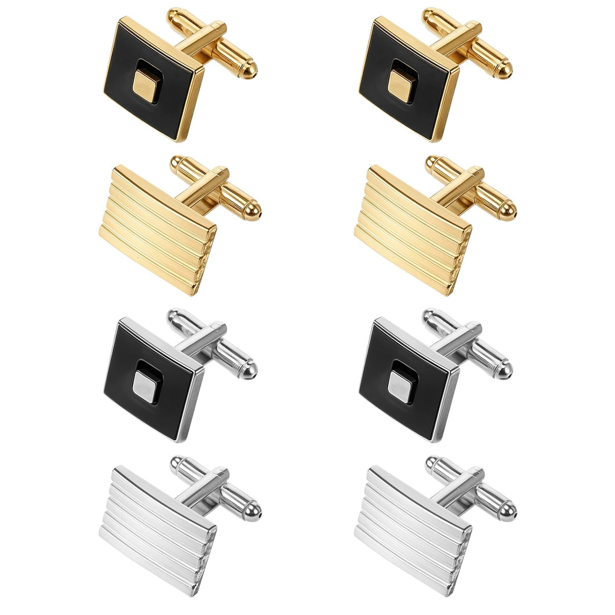 4 Pairs Cufflinks for Men Classic Tone Cuff Links Fashion Men Cufflinks Gold/Sliver Striped Disc Square Rectangle Cuff Links for Business Wedding Party Gift Box