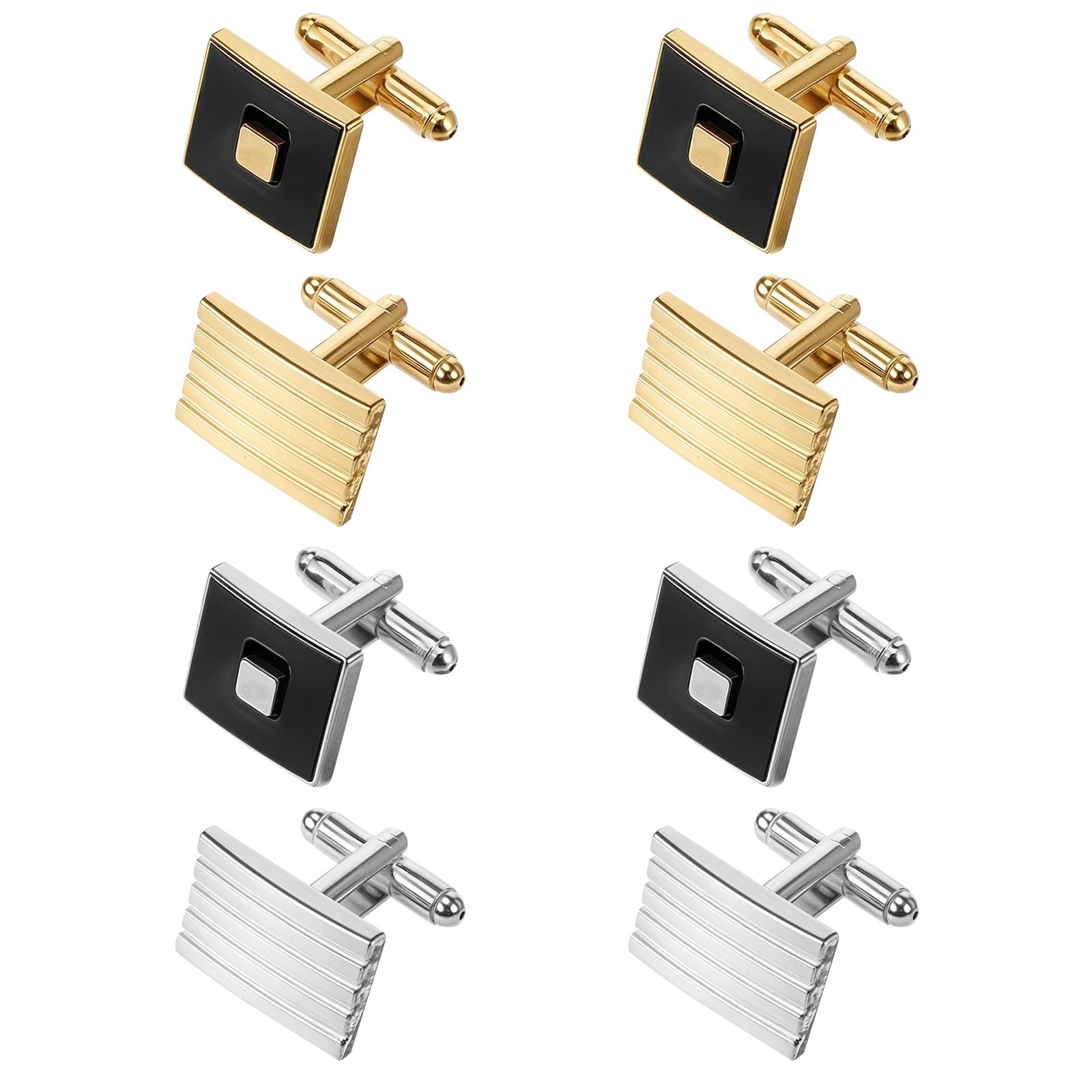 4 Pairs Cufflinks for Men Classic Tone Cuff Links Fashion Men Cufflinks Gold/Sliver Striped Disc Square Rectangle Cuff Links for Business Wedding Party Gift Box