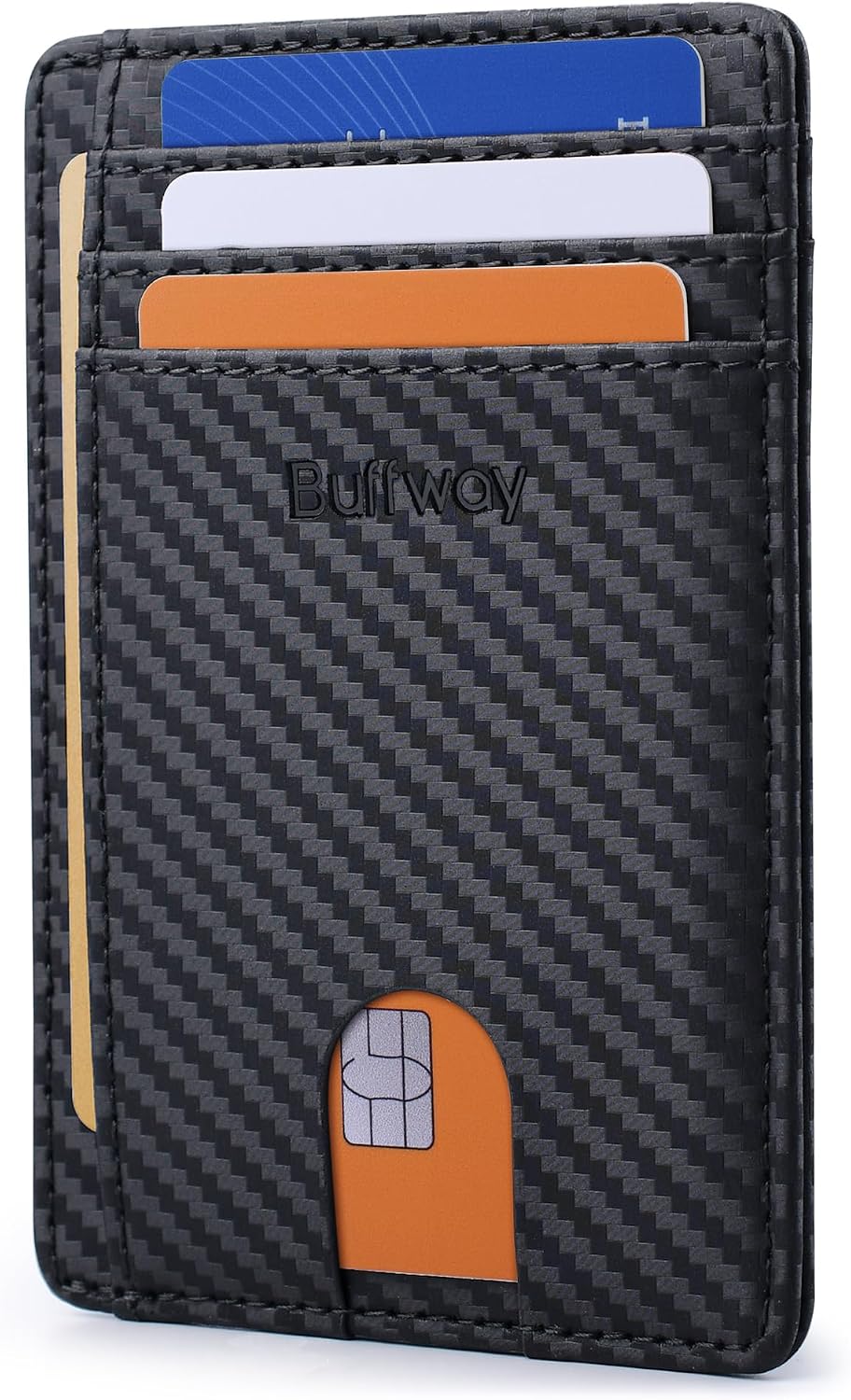 Slim Minimalist Front Pocket RFID Blocking Leather Wallets for Men and Women - Carbon Fiber Black