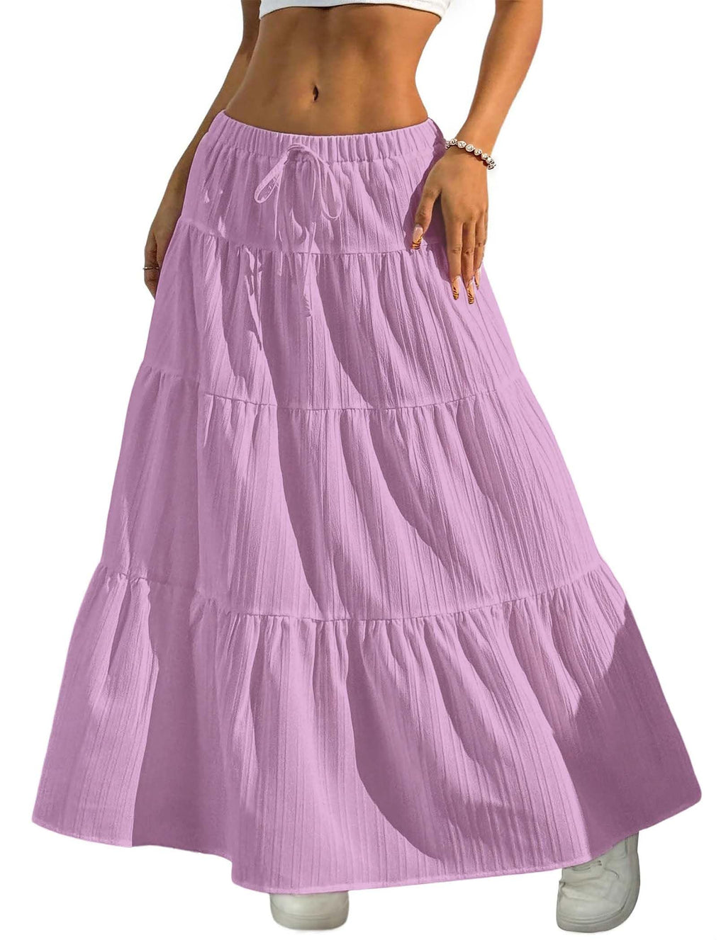 Women's Boho Flowy White Maxi Skirt Flared Ruffle Elastic Waist Summer A Line 2026 Spring Long Skirts