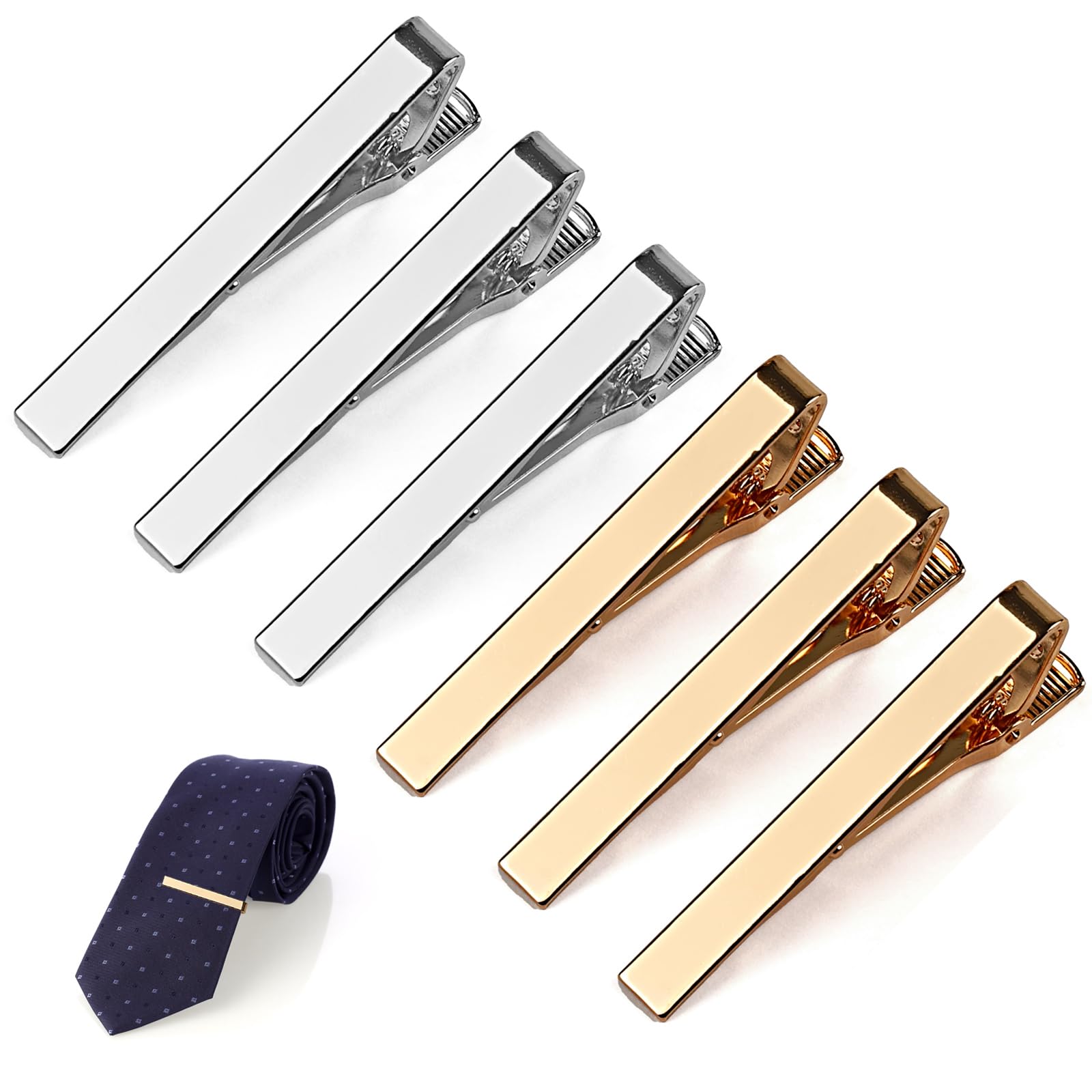 6 Pcs Tie Clips for Men, Classic Shiny & Glossy Tie Bar, Ideal for Father, Husband, Boyfriend, Business, Wedding, Tie Pins with Gift Box