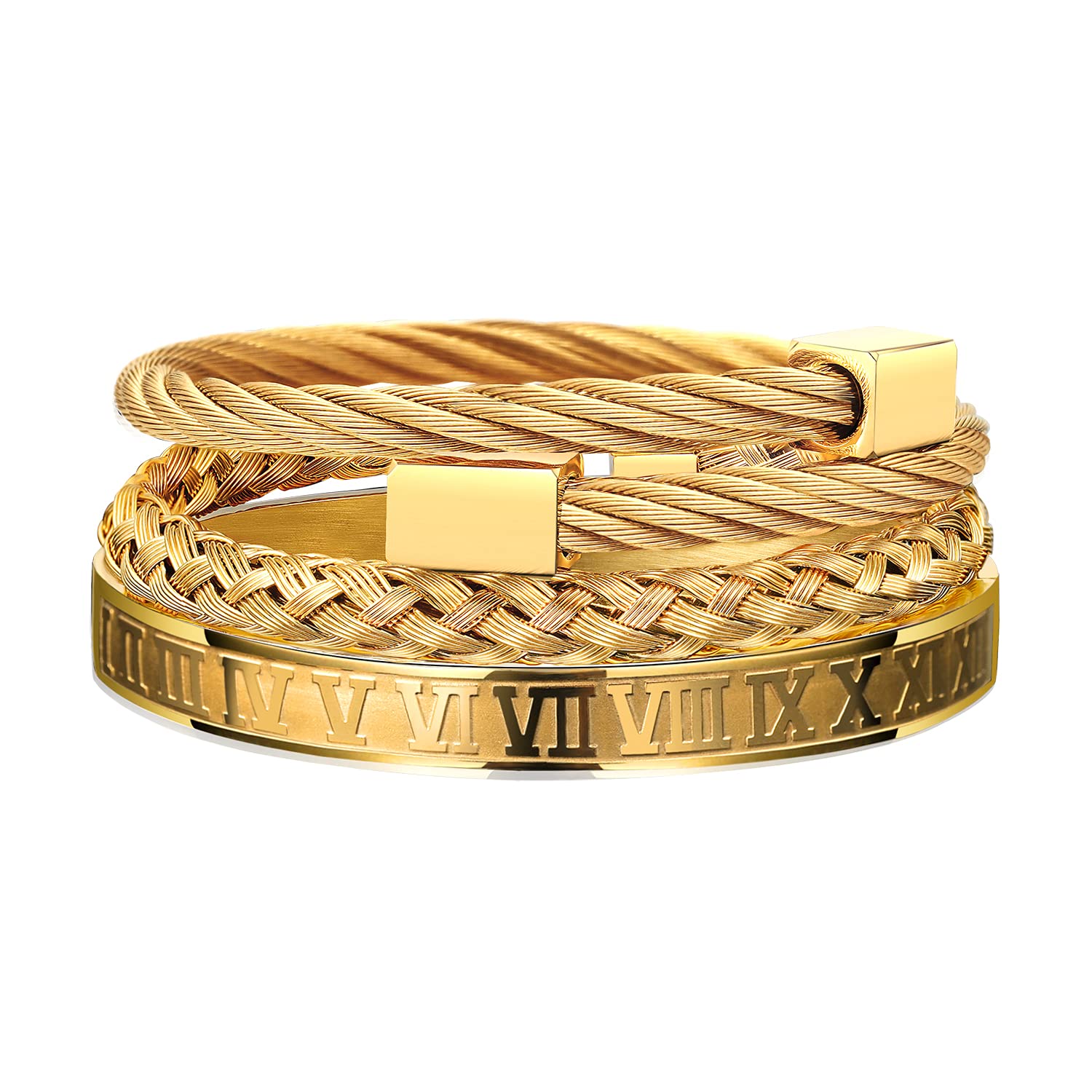 3PCS Stainless Steel Bracelets for Men Gold Roman Numeral Bangle Bracelet Twisted Cable Bracelet Adjustable Cuff Bracelet Mens Luxury Jewelry Bracelets Gifts