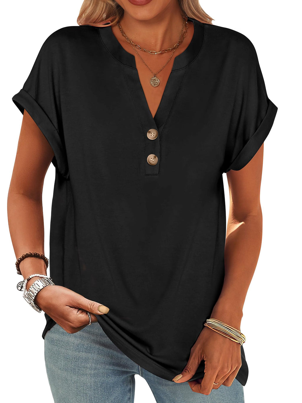 ANRABESS Womens Short Sleeve Henley Tops V Neck Dressy Casual Blouses Summer Trendy Tee Shirts 2026 Vacation Fashion Clothes