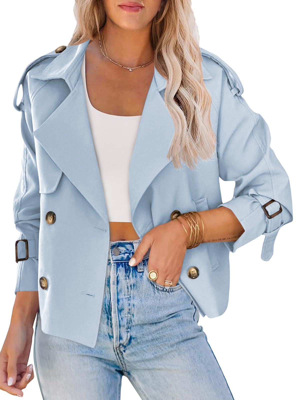 Women Crop Double Breasted Trench Coat Raglan Sleeve Work Office Cropped Jacket With Pockets