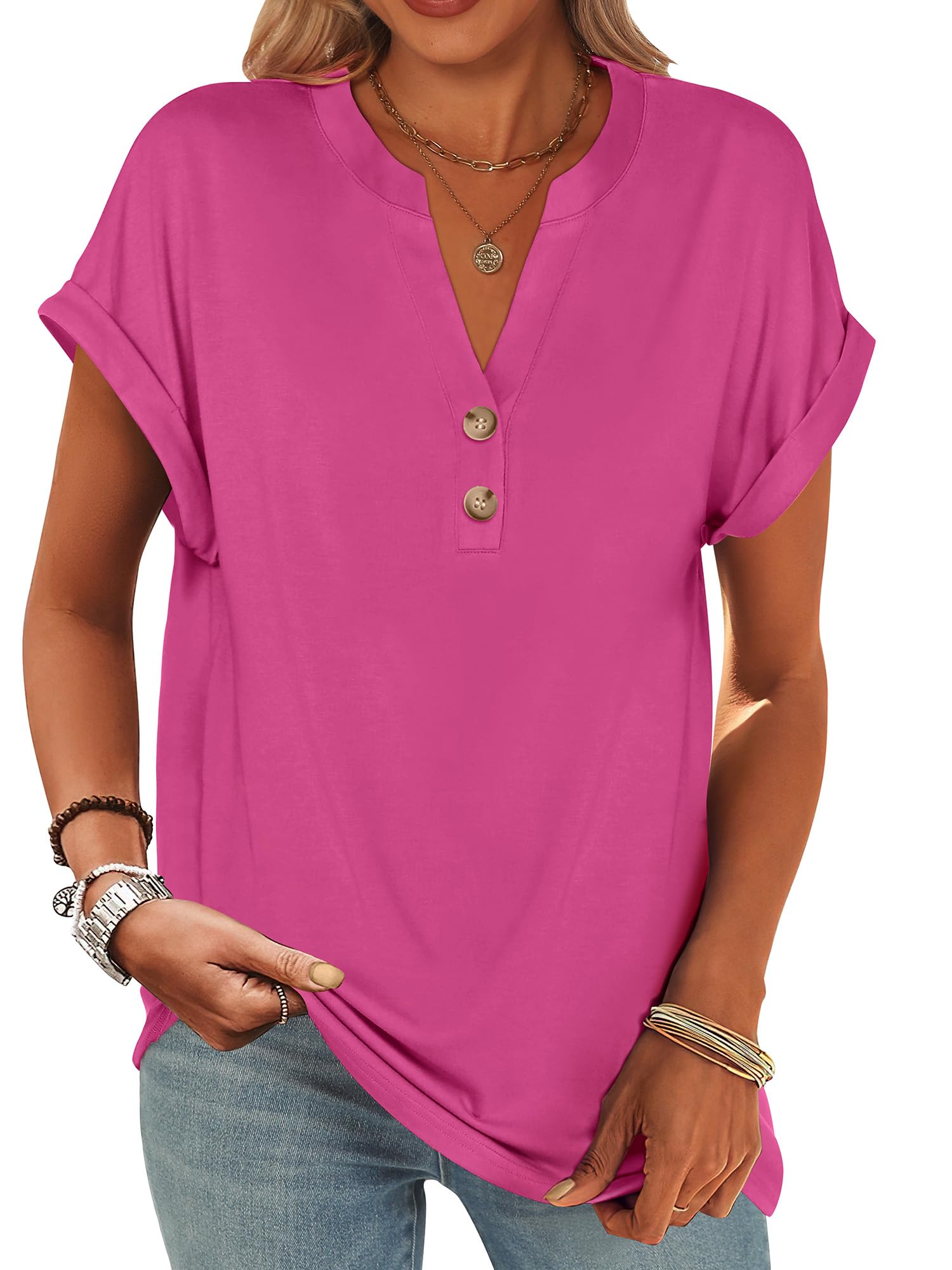 ANRABESS Womens Short Sleeve Henley Tops V Neck Dressy Casual Blouses Summer Trendy Tee Shirts 2026 Vacation Fashion Clothes