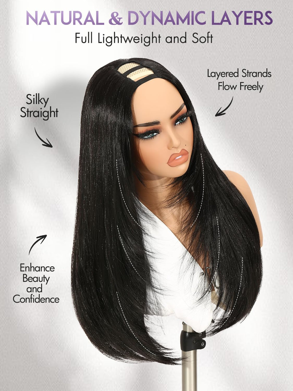 Yaki Straight Layered U Part Wigs V Part Glueless Clip in Half Wigs for Women Realistic Natural Looking Heat Resistant Synthetic Hair(24inch,Natural Black)