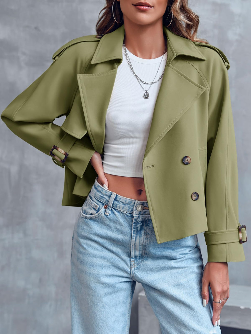 Women Crop Double Breasted Trench Coat Raglan Sleeve Work Office Cropped Jacket With Pockets