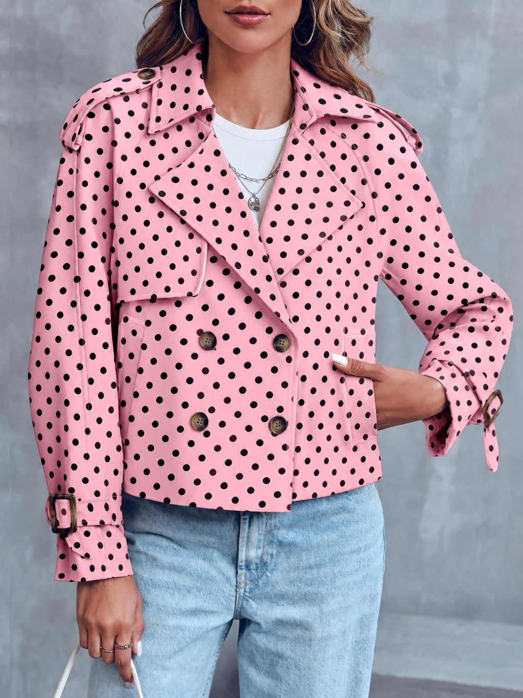 Women Crop Double Breasted Trench Coat Raglan Sleeve Work Office Cropped Jacket With Pockets