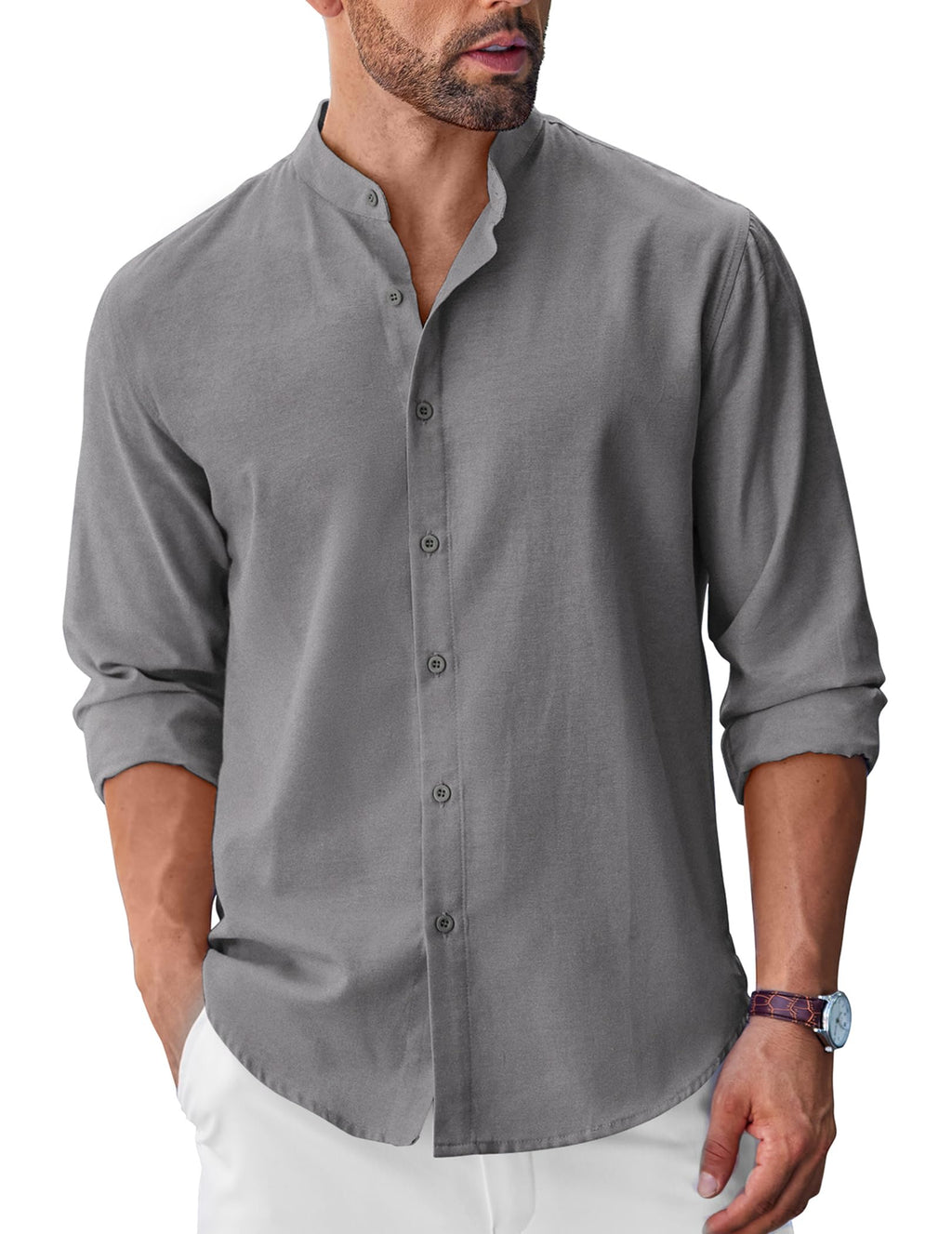 Men's Long Sleeve Oxford Dress Shirts Button Down Shirt Casual Band Collar Shirts