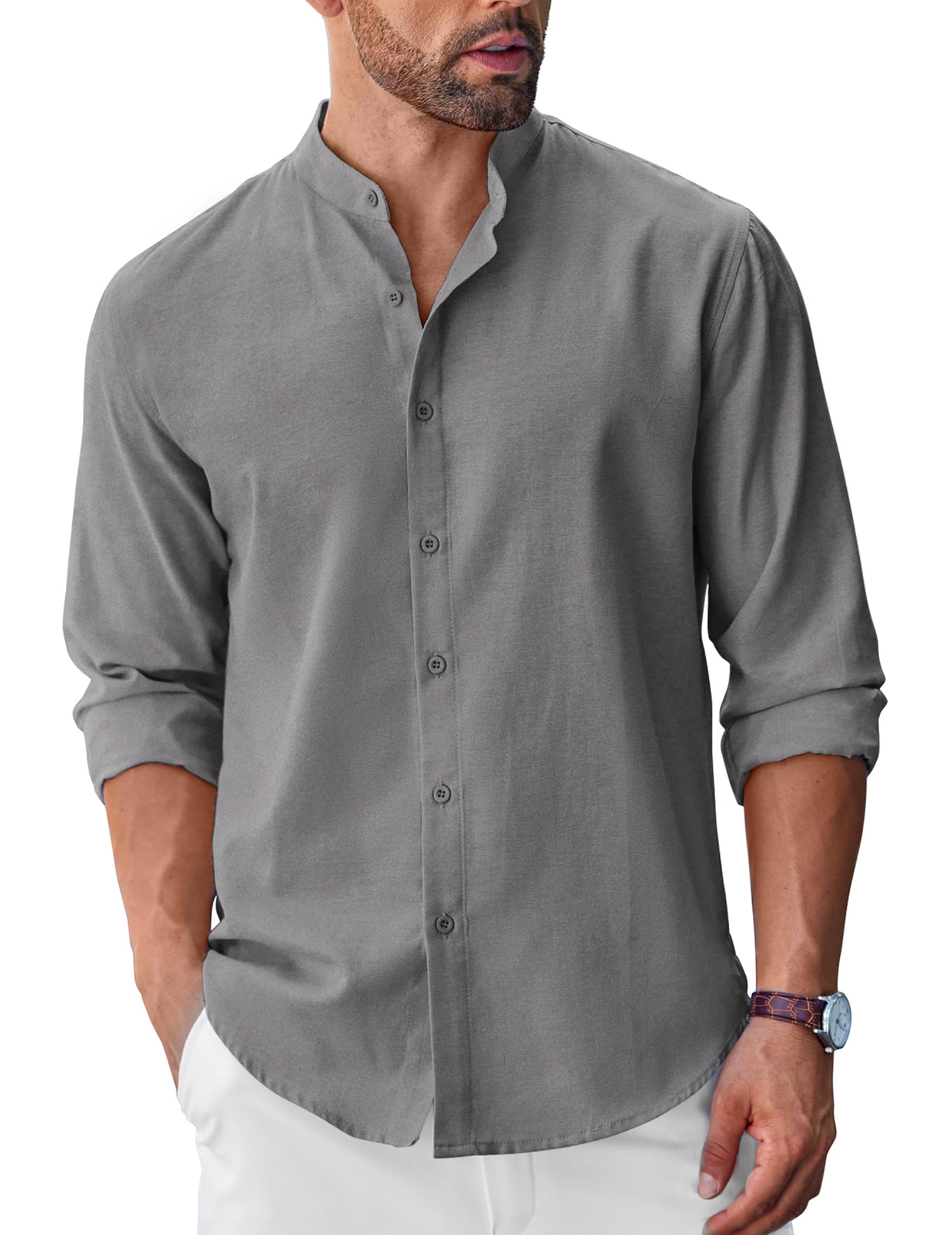 Men's Long Sleeve Oxford Dress Shirts Button Down Shirt Casual Band Collar Shirts