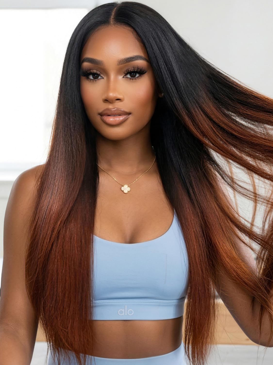 Golden Brown Highlight Glueless Yaki Straight Precut 7x5 Lace Front Wigs Human Hair Drawstring Ombre Pre Plucked Bleached Knots 30S Ready to Wear and Go Wig with Dark Roots 16Inch