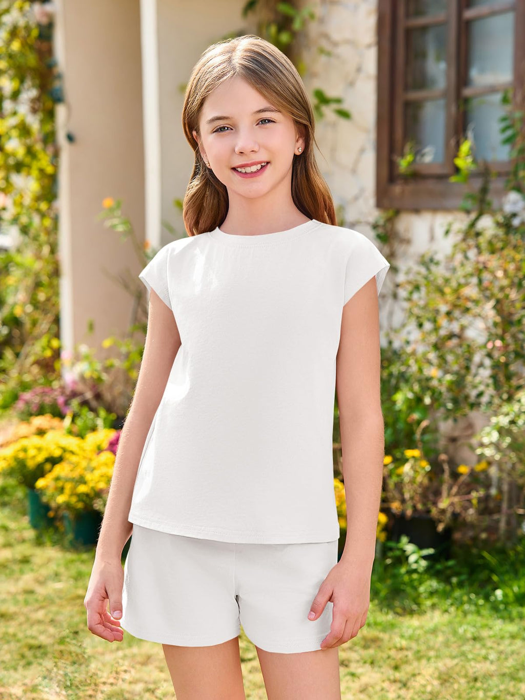 Haloumoning Girls Summer Outfits Casual Lounge Set Cap Sleeve T Shirt and Elastic Waist Shorts 2 Piece Clothing Sets