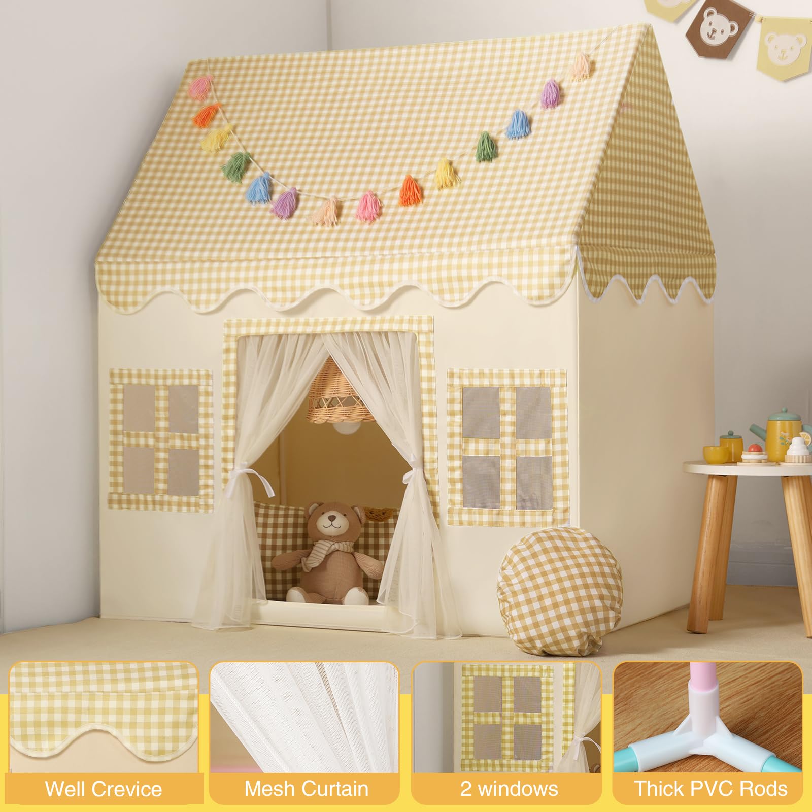 Kids Play Tent Indoor: with Mat, Tassel Garland, Star Lights - Girl Tent Indoor Playhouse for Kids Toys for Boy Girl Birthday Gift