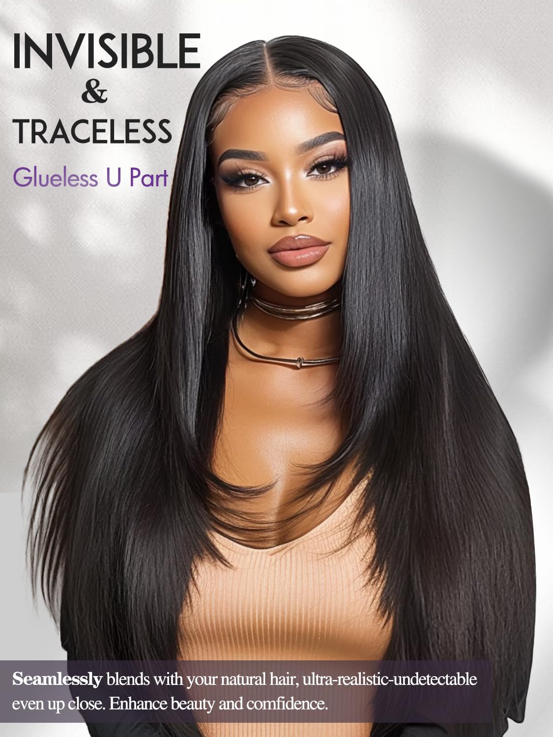 Yaki Straight Layered U Part Wigs V Part Glueless Clip in Half Wigs for Women Realistic Natural Looking Heat Resistant Synthetic Hair(24inch,Natural Black)