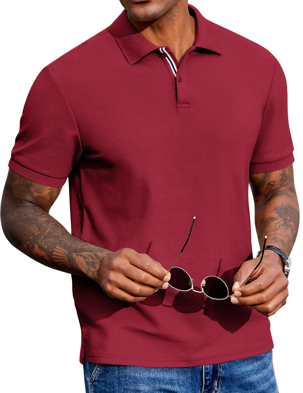 Men's Polo Shirts Short Sleeve Cotton Pique Casual Button T Shirts Classic Fit Collared Golf Shirts