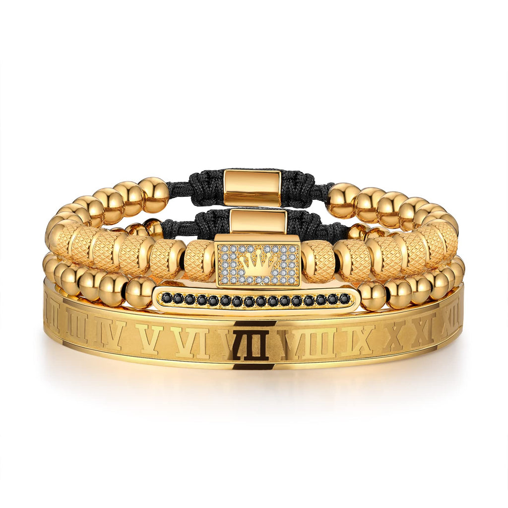 3PCS Stainless Steel Bracelets for Men Gold Roman Numeral Bangle Bracelet Twisted Cable Bracelet Adjustable Cuff Bracelet Mens Luxury Jewelry Bracelets Gifts