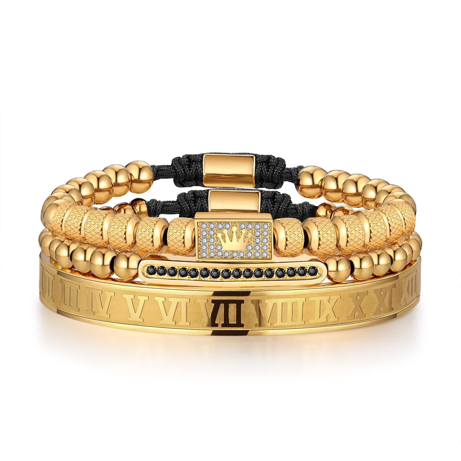 3PCS Stainless Steel Bracelets for Men Gold Roman Numeral Bangle Bracelet Twisted Cable Bracelet Adjustable Cuff Bracelet Mens Luxury Jewelry Bracelets Gifts
