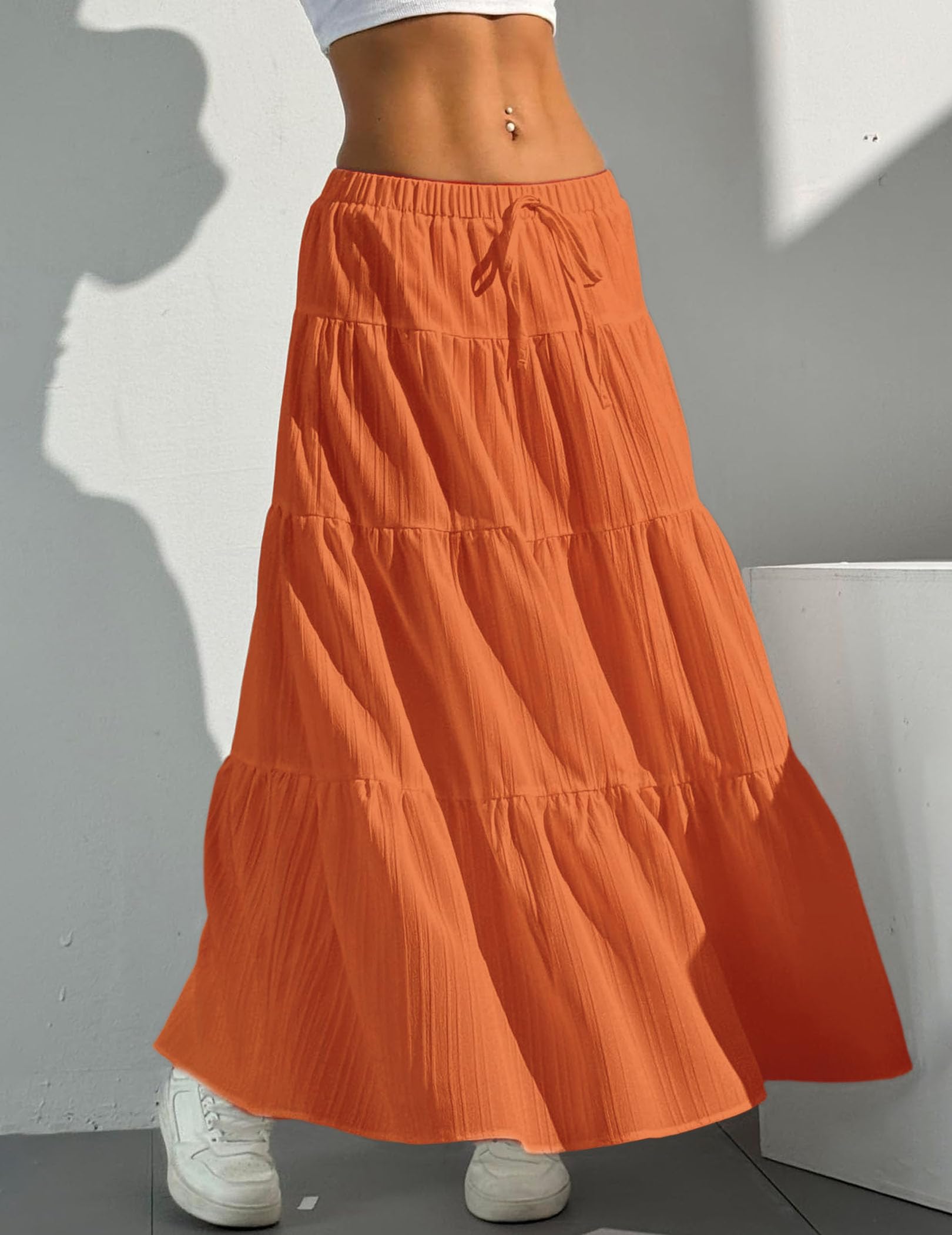 Women's Boho Flowy White Maxi Skirt Flared Ruffle Elastic Waist Summer A Line 2026 Spring Long Skirts