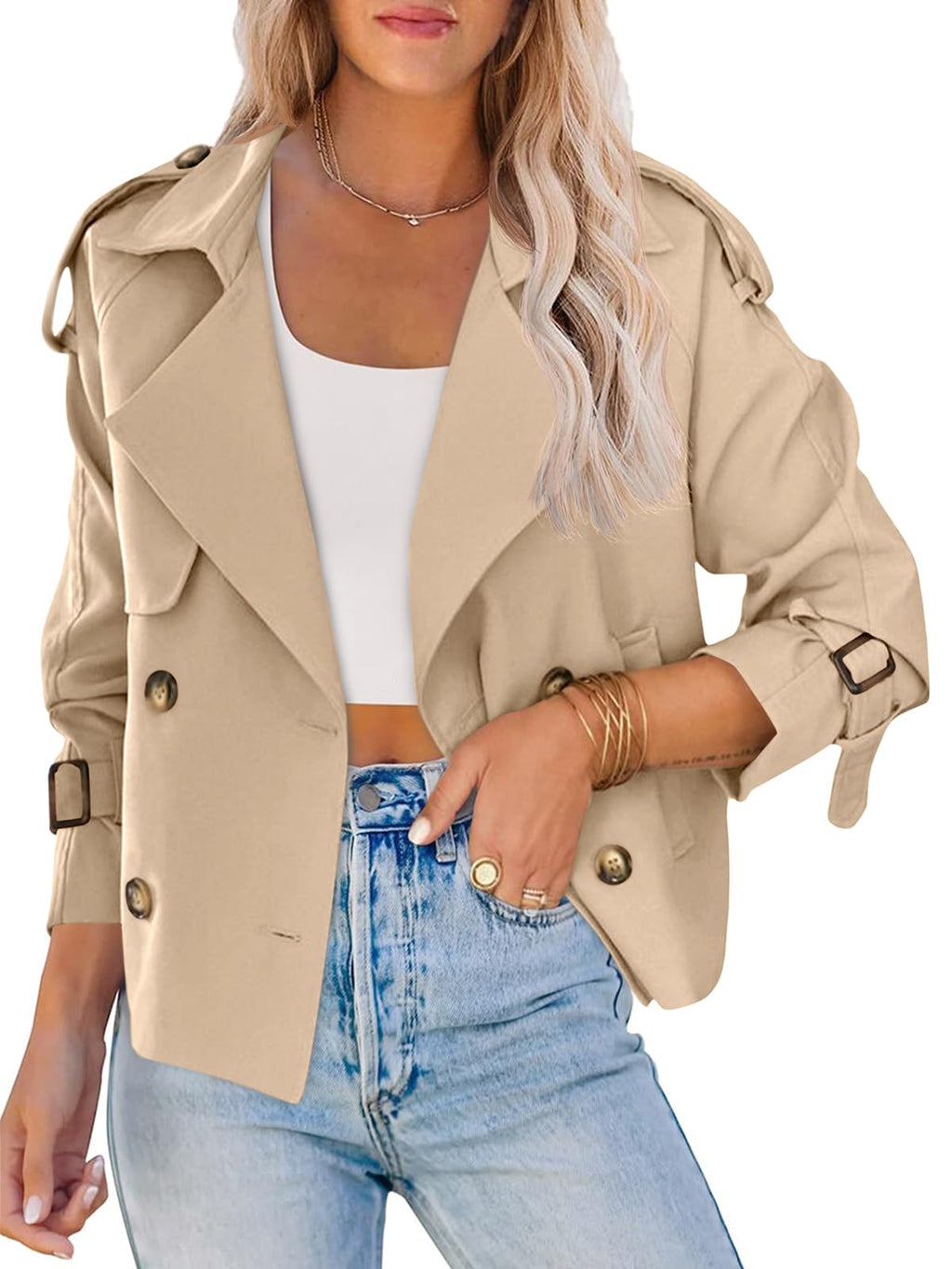 Women Crop Double Breasted Trench Coat Raglan Sleeve Work Office Cropped Jacket With Pockets