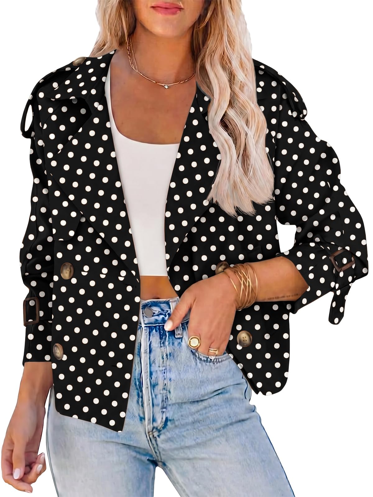 Women Crop Double Breasted Trench Coat Raglan Sleeve Work Office Cropped Jacket With Pockets
