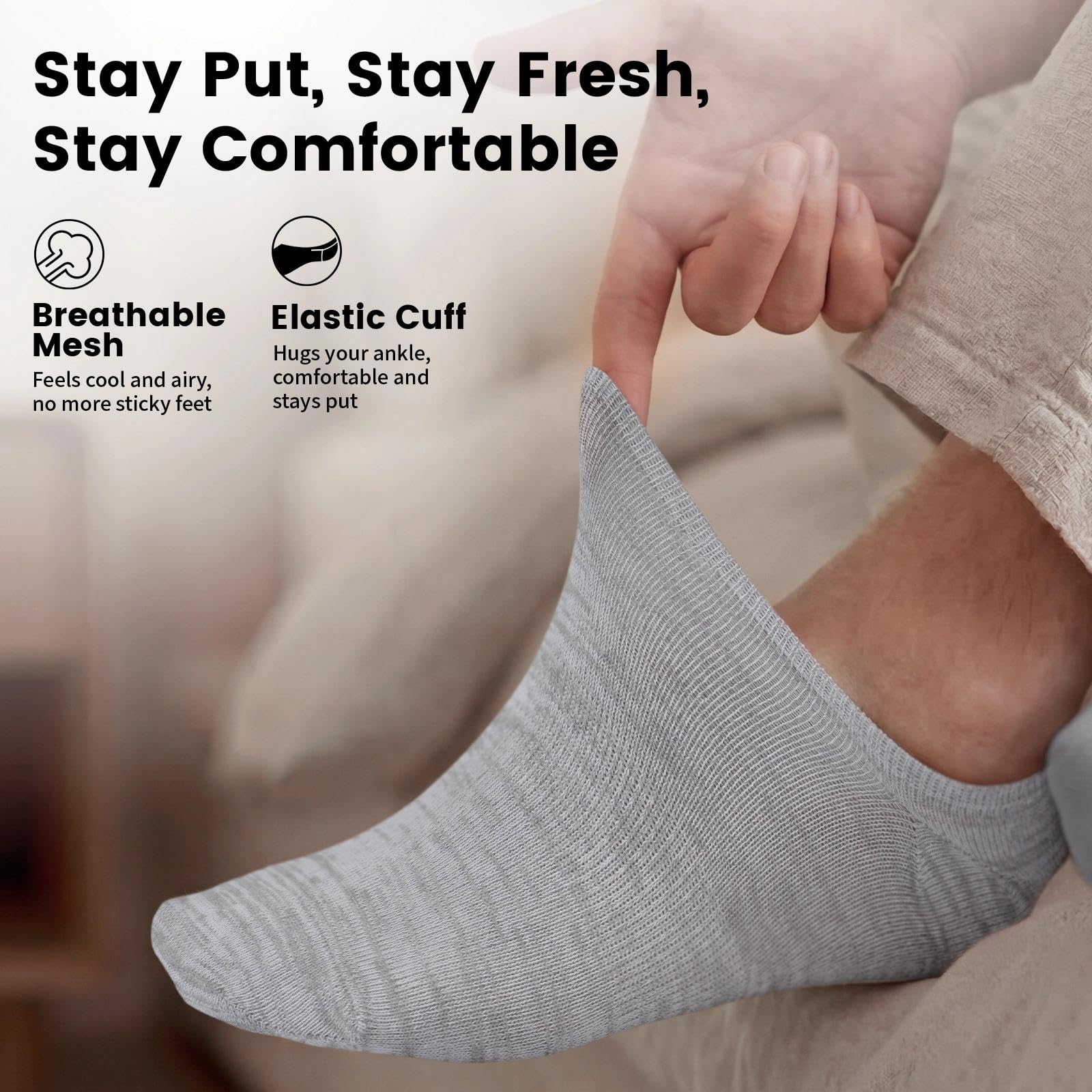 No Show Socks Men, Low Cut Ankle Short Casual Cotton Socks with Non Slip Grips 6-10/11-13