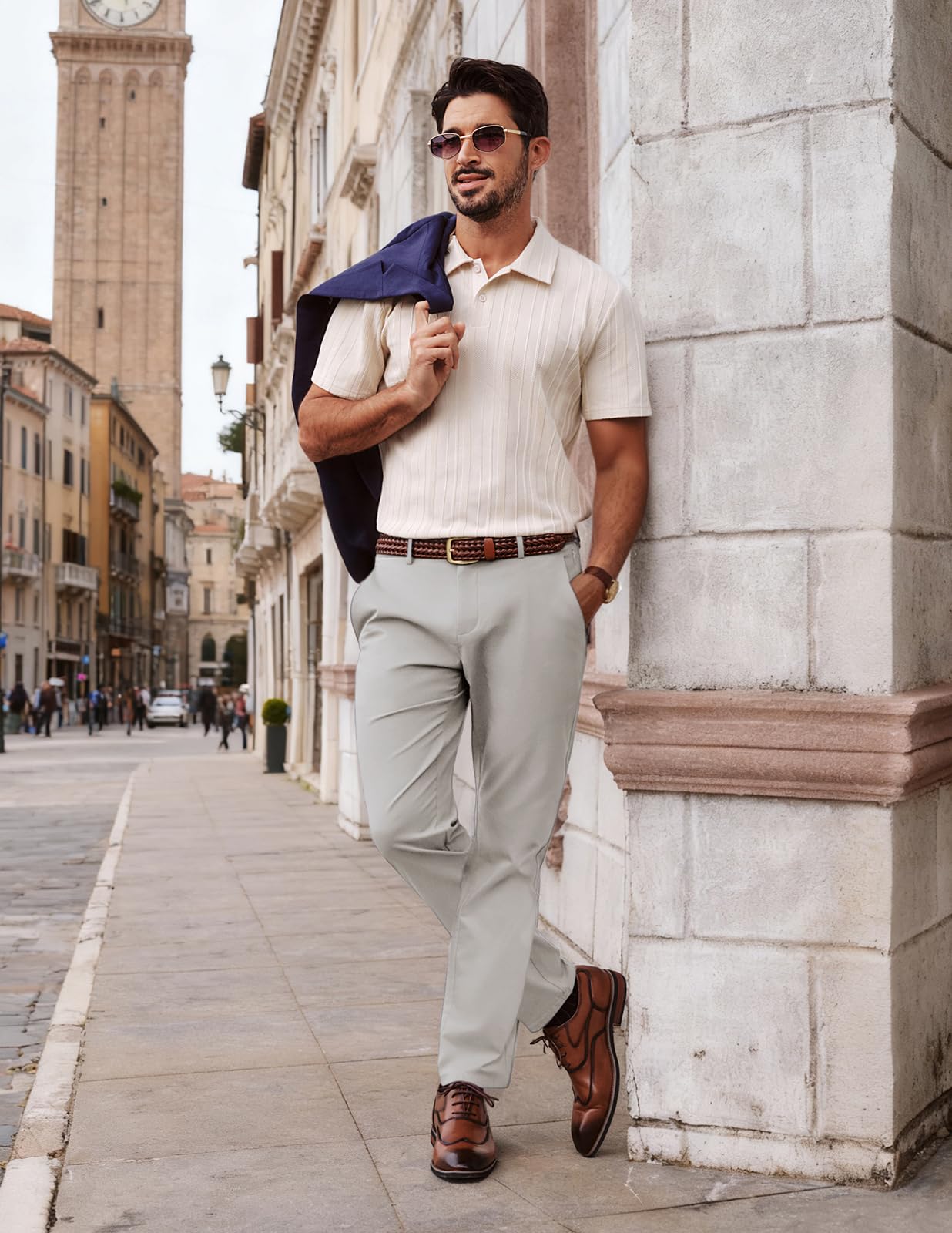 Mens Dress Pants 4-Way Stretch Tapered Trousers Extended Waist Dress Pant Casual Golf Pants